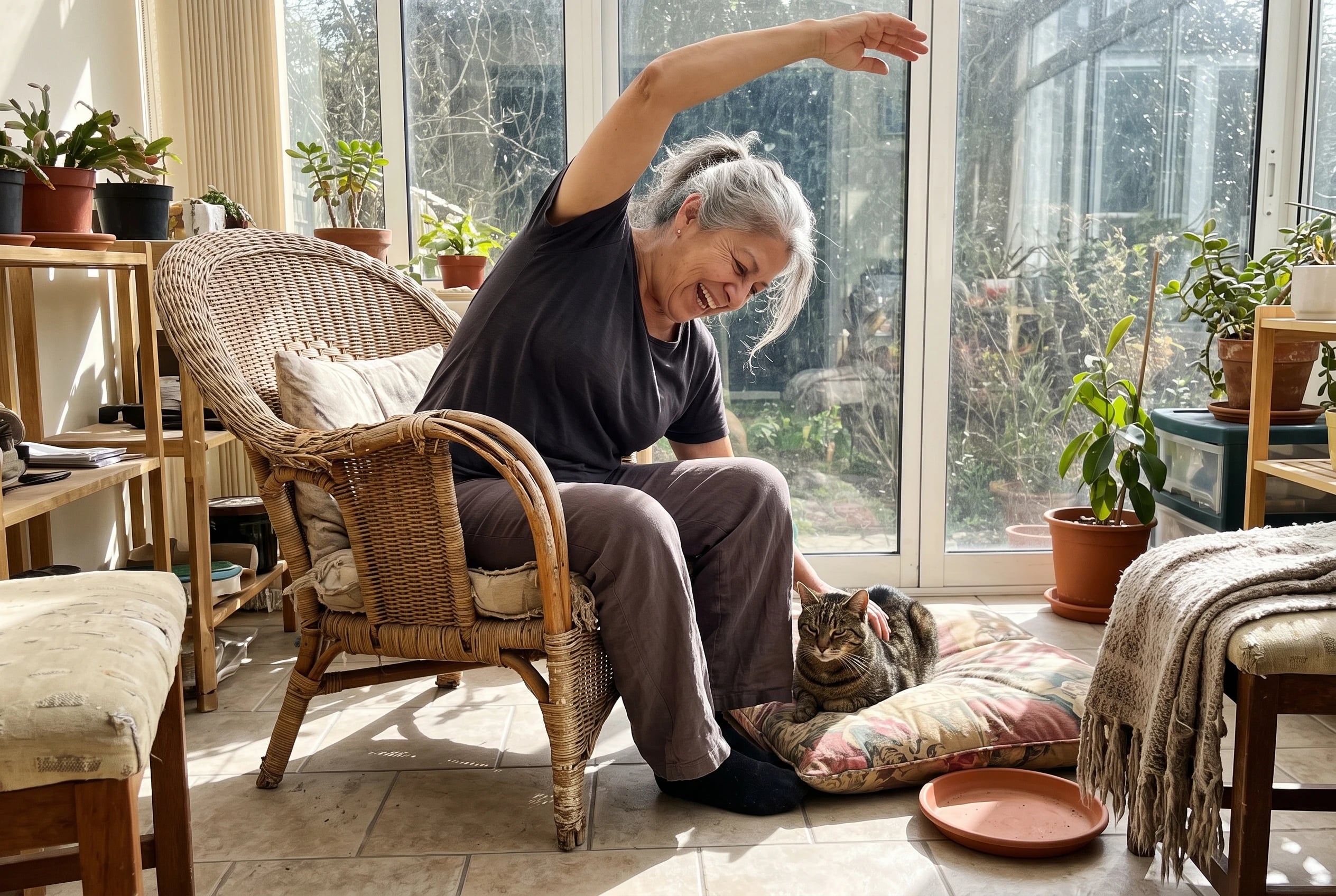 Woman in her sixties raising one arm during a seated side bend in a sunroom.