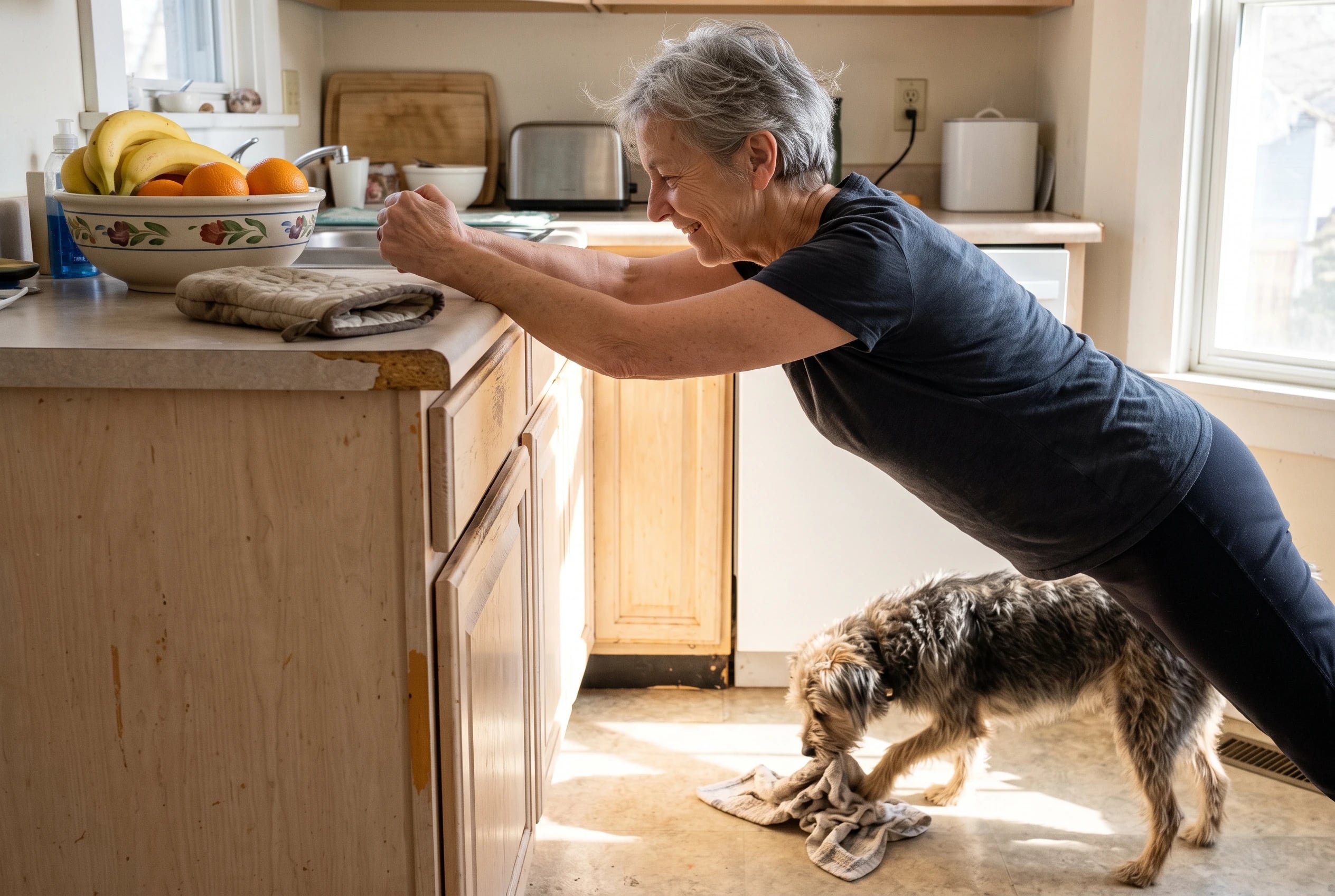 Woman in her sixties holding a supported plank against a fixed counter in a kitchen.