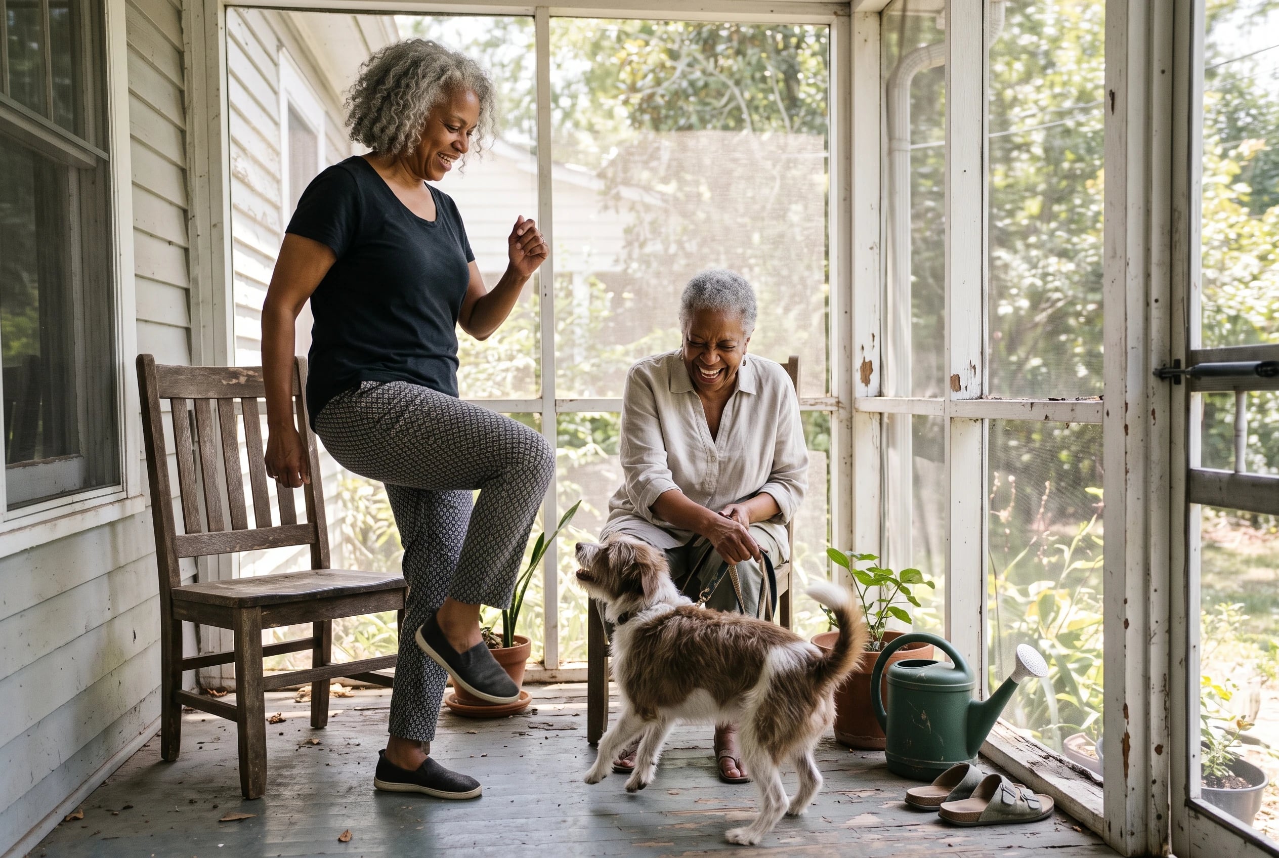 Woman in her sixties marching beside a sturdy chair on a screened porch.