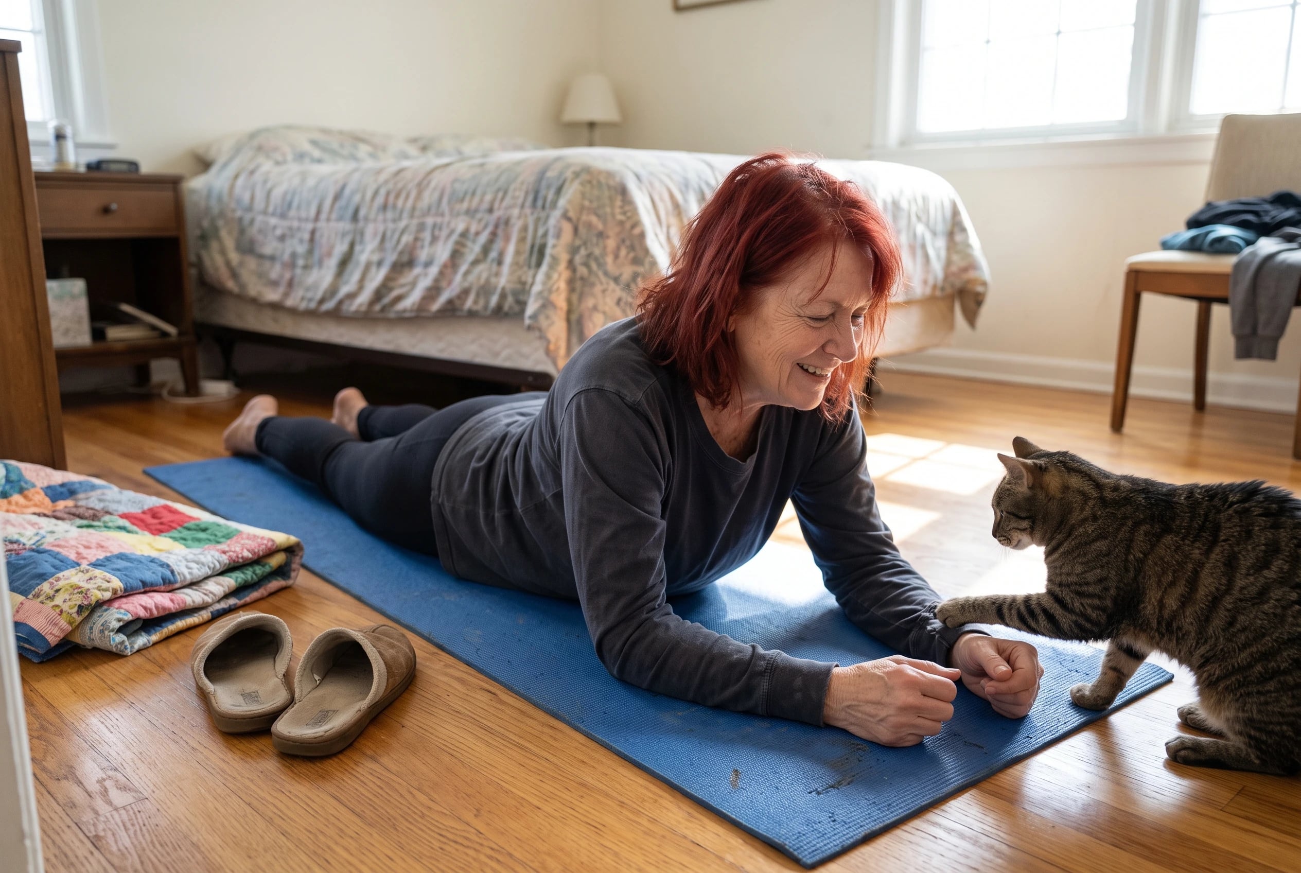 Woman in her sixties lifting her chest slightly in a Superman pose on a bedroom mat.