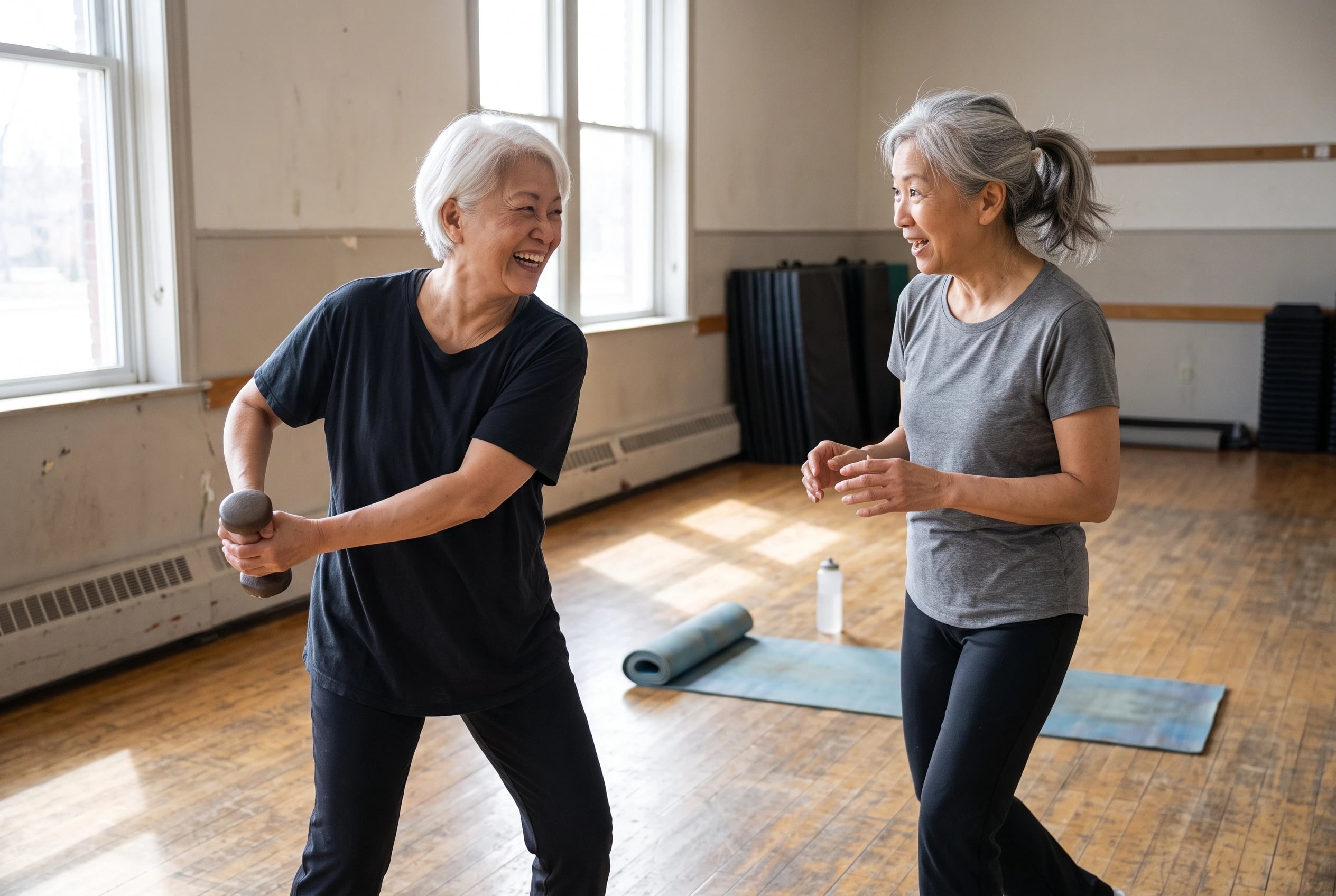 Woman in her sixties practicing a wood chop with a light weight in a recreation-center studio.