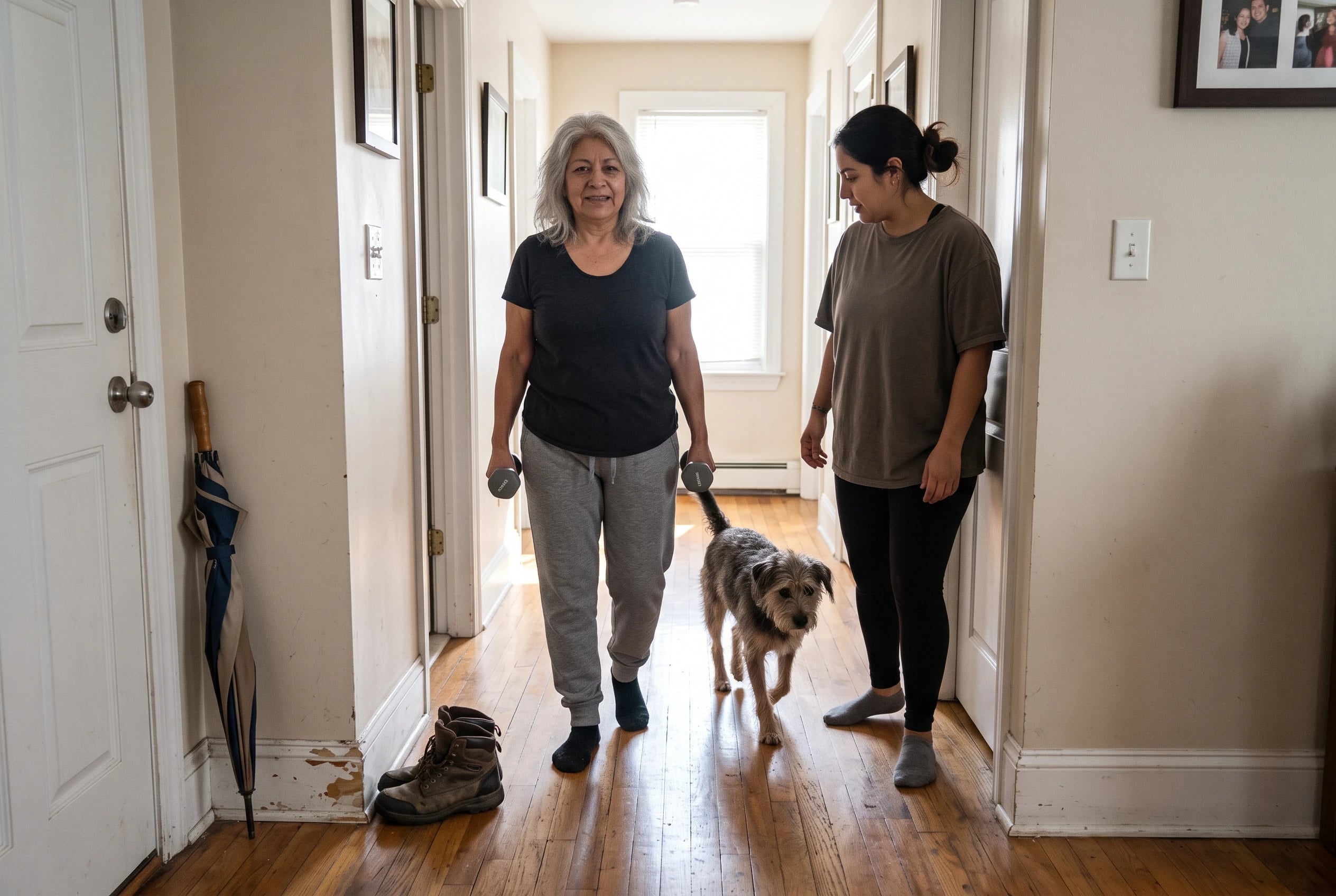Woman in her sixties carrying dumbbells along a clear hallway at home.