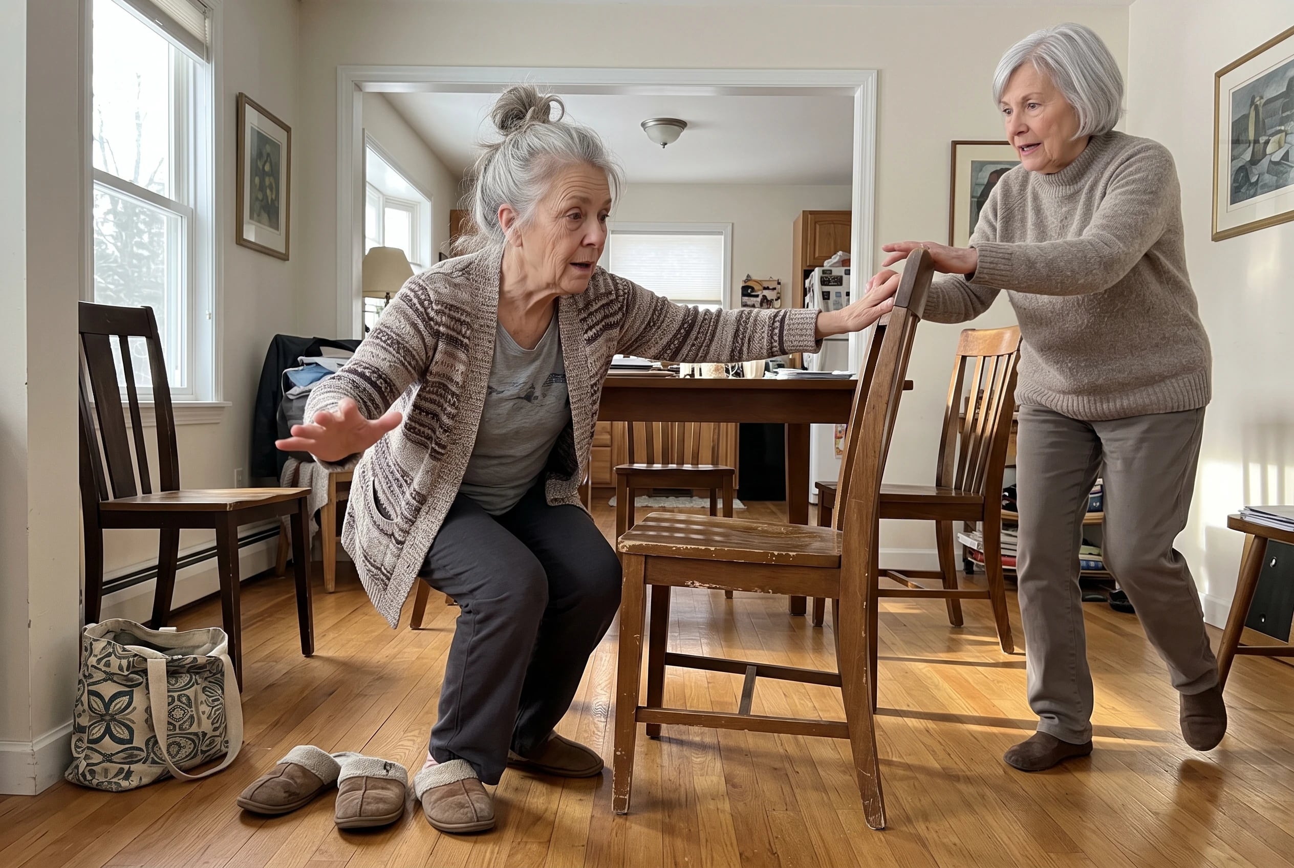 Woman in her sixties lowering into a bodyweight squat beside a dining-room chair.