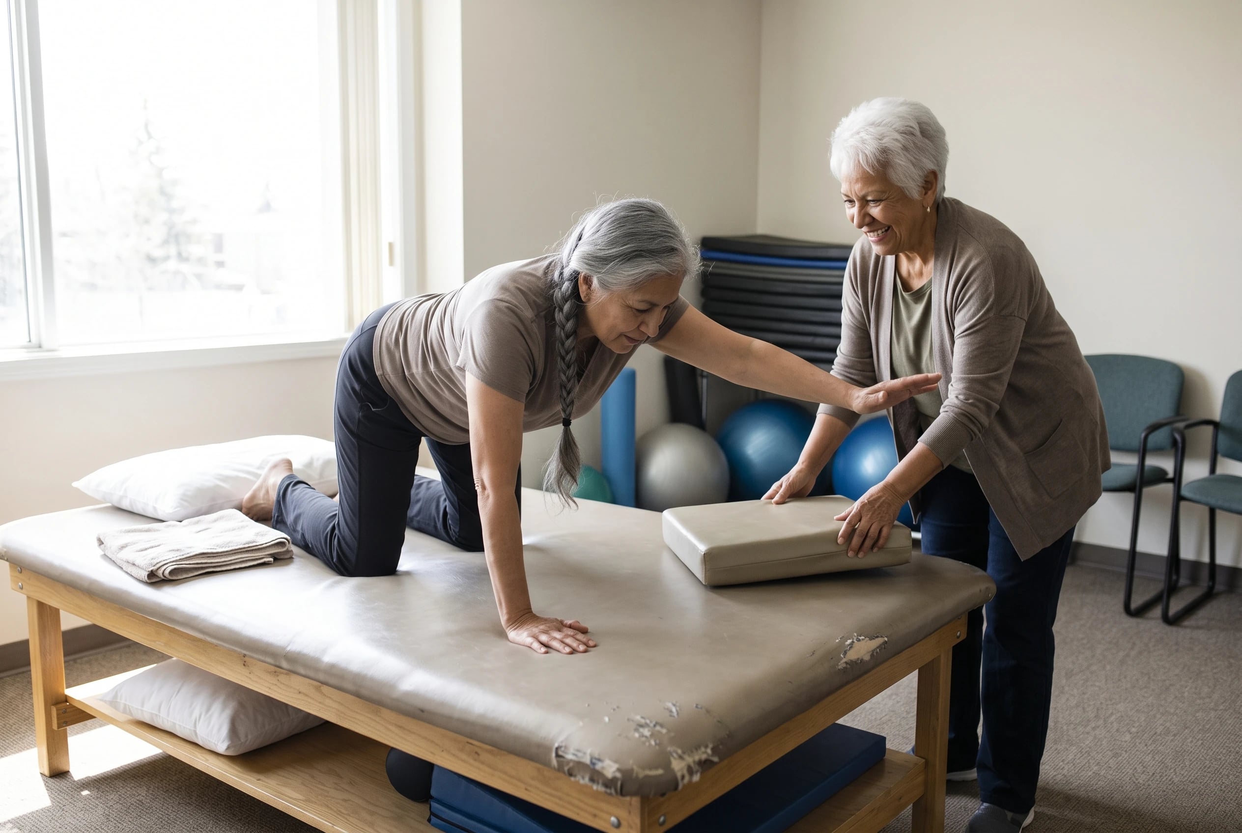Woman in her sixties reaching opposite arm and leg from hands and knees in a physiotherapy room.