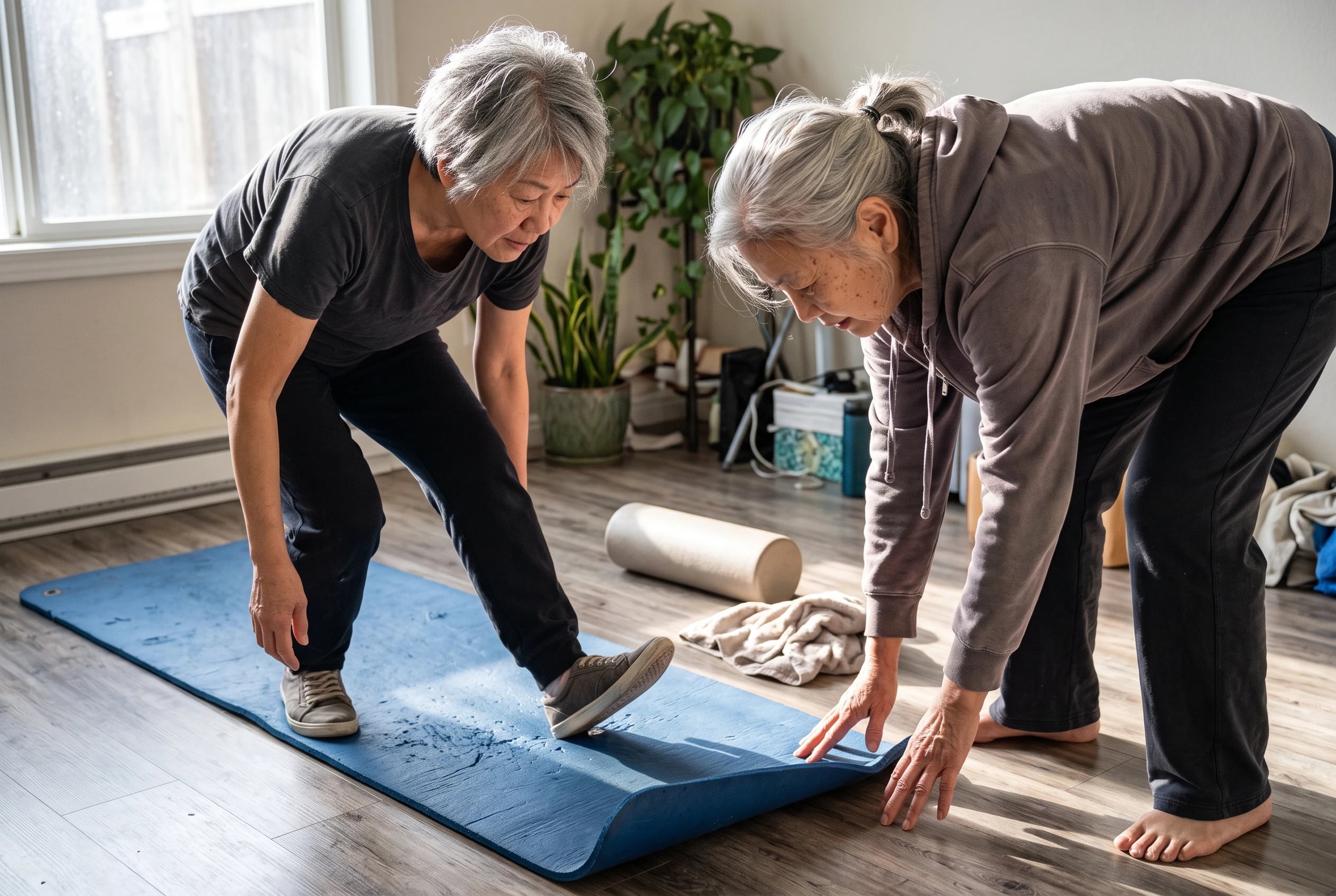 Woman in her sixties sliding one heel along a mat in a home exercise room.