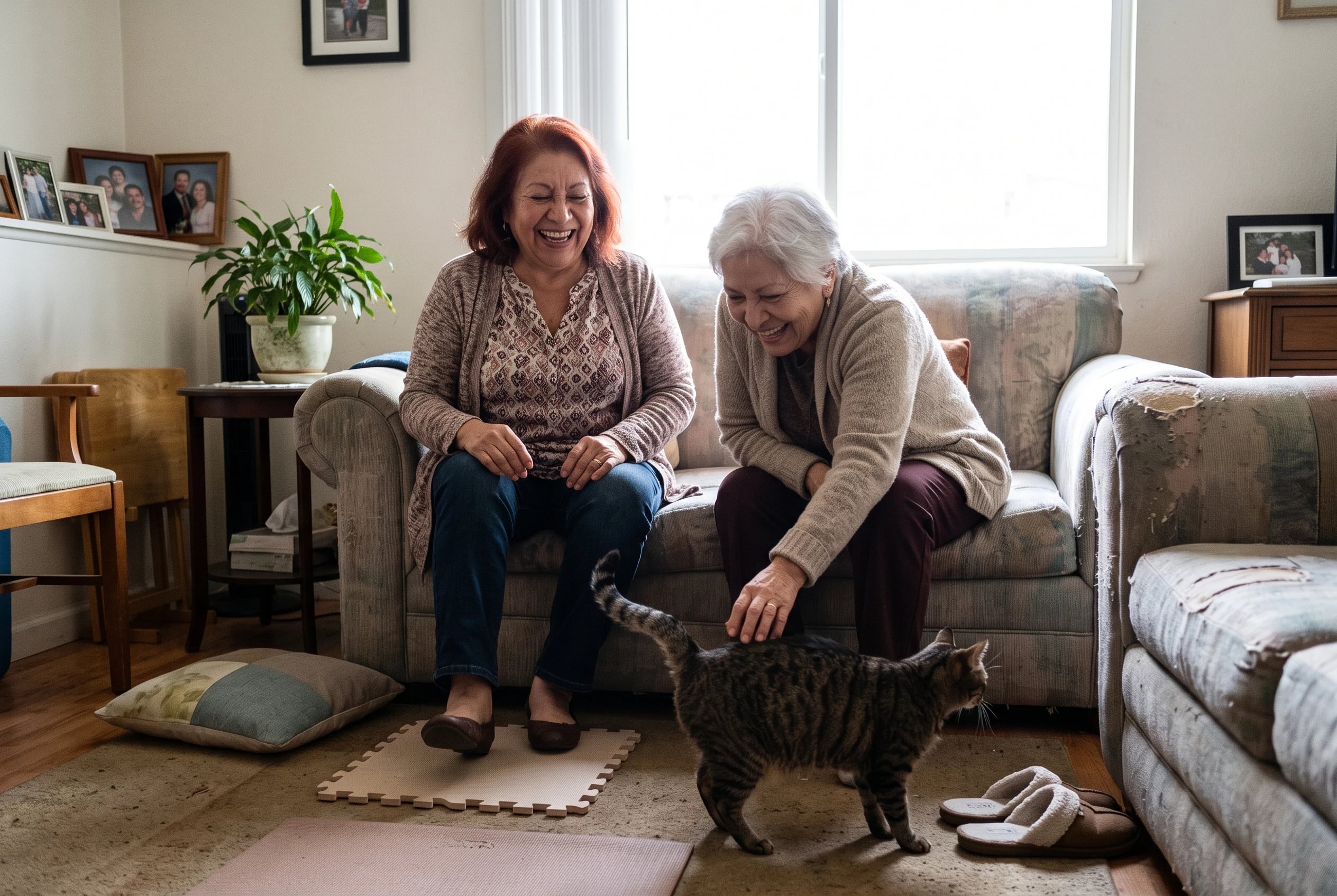 Woman in her sixties tapping one heel to the floor while lying on a living-room mat.