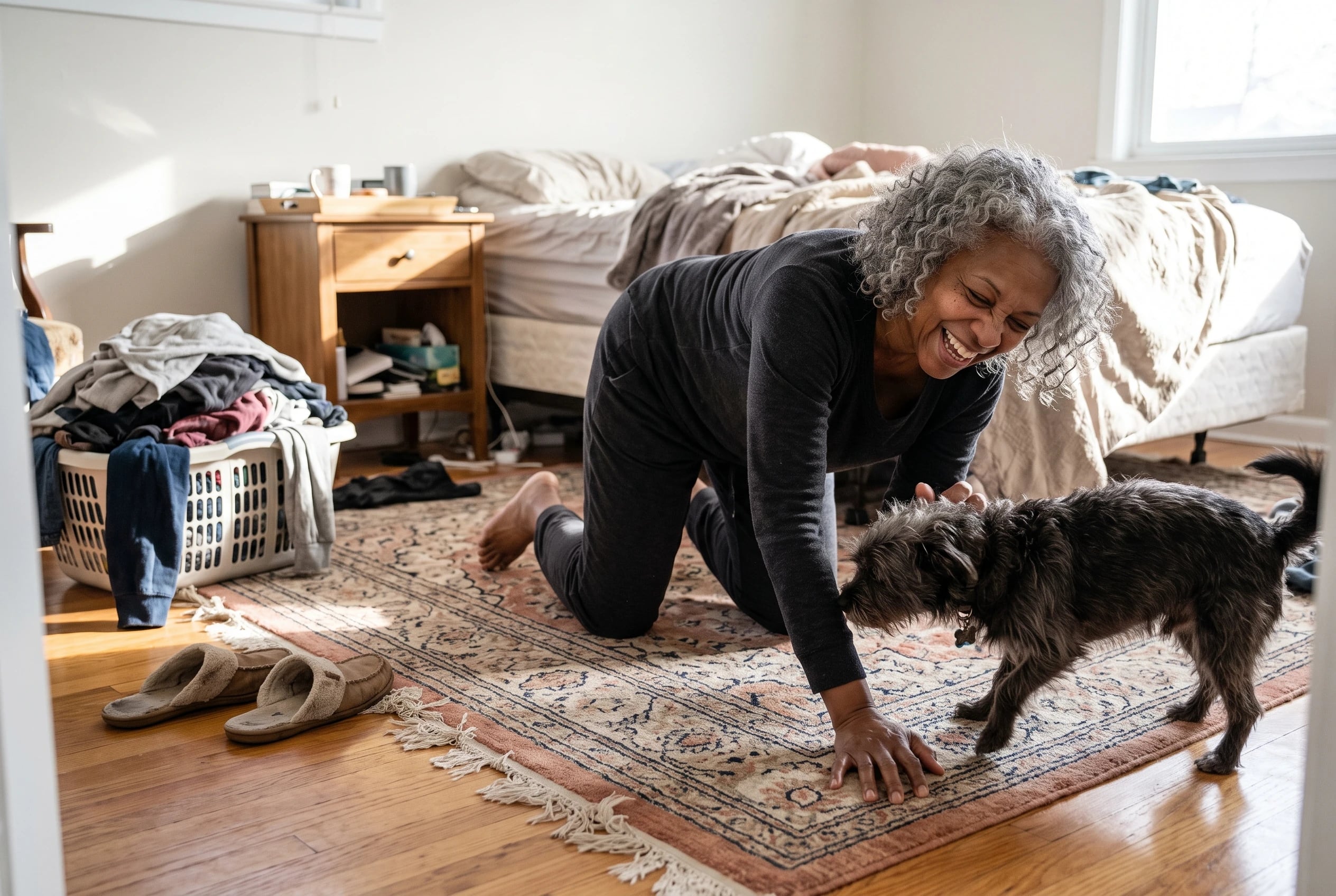 Woman in her sixties reaching one arm forward on hands and knees on a bedroom rug.