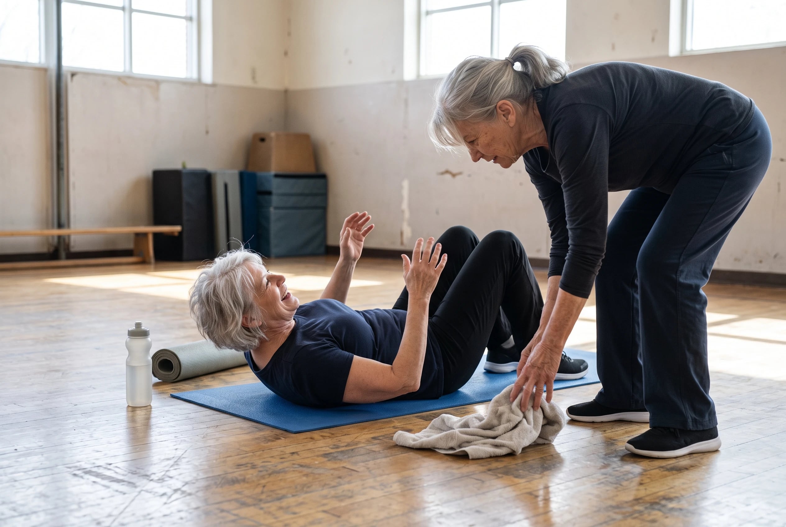 Woman in her sixties lying on her back with raised arms and bent knees on a gym mat.