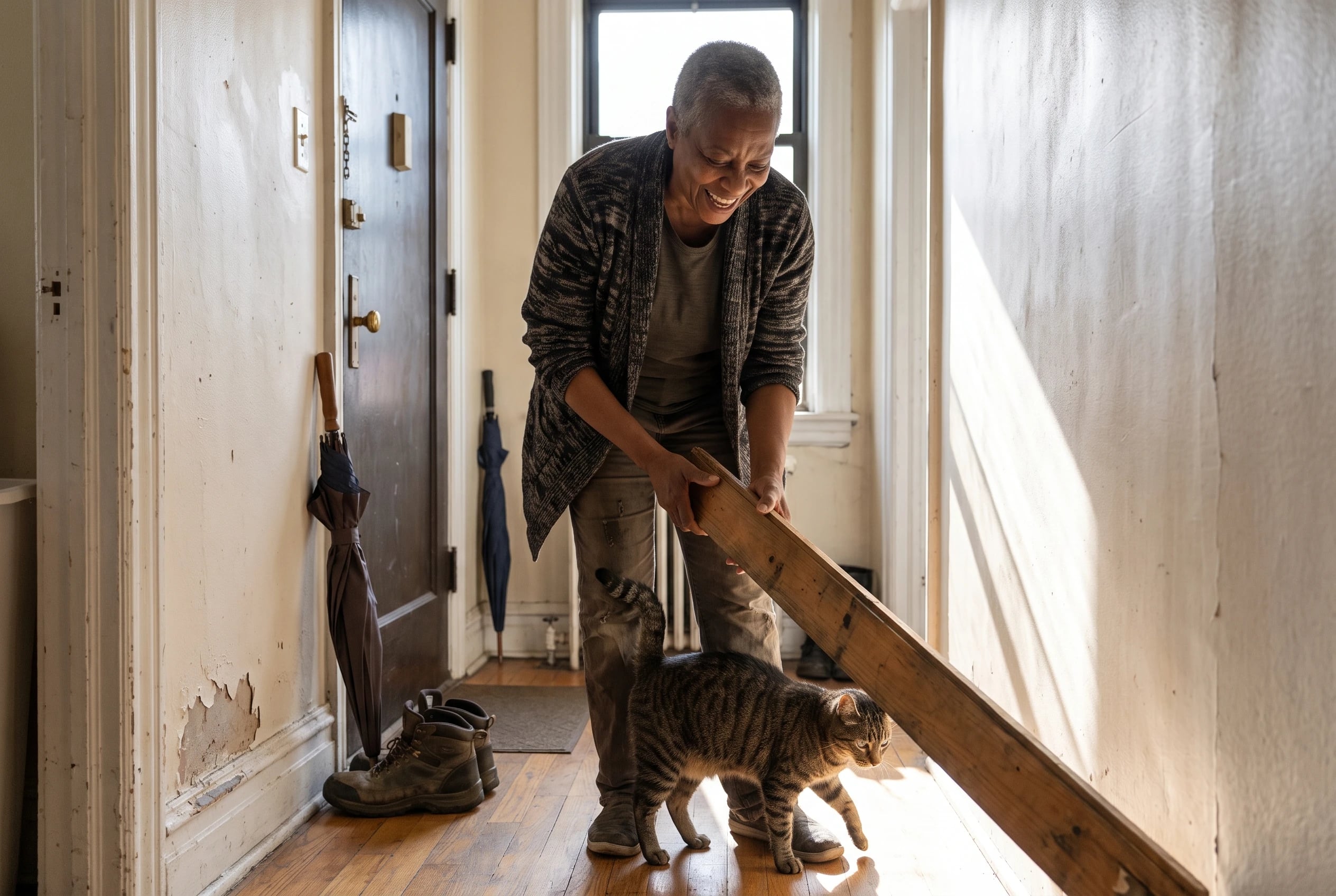 Woman in her sixties holding a wall plank in her apartment hallway.
