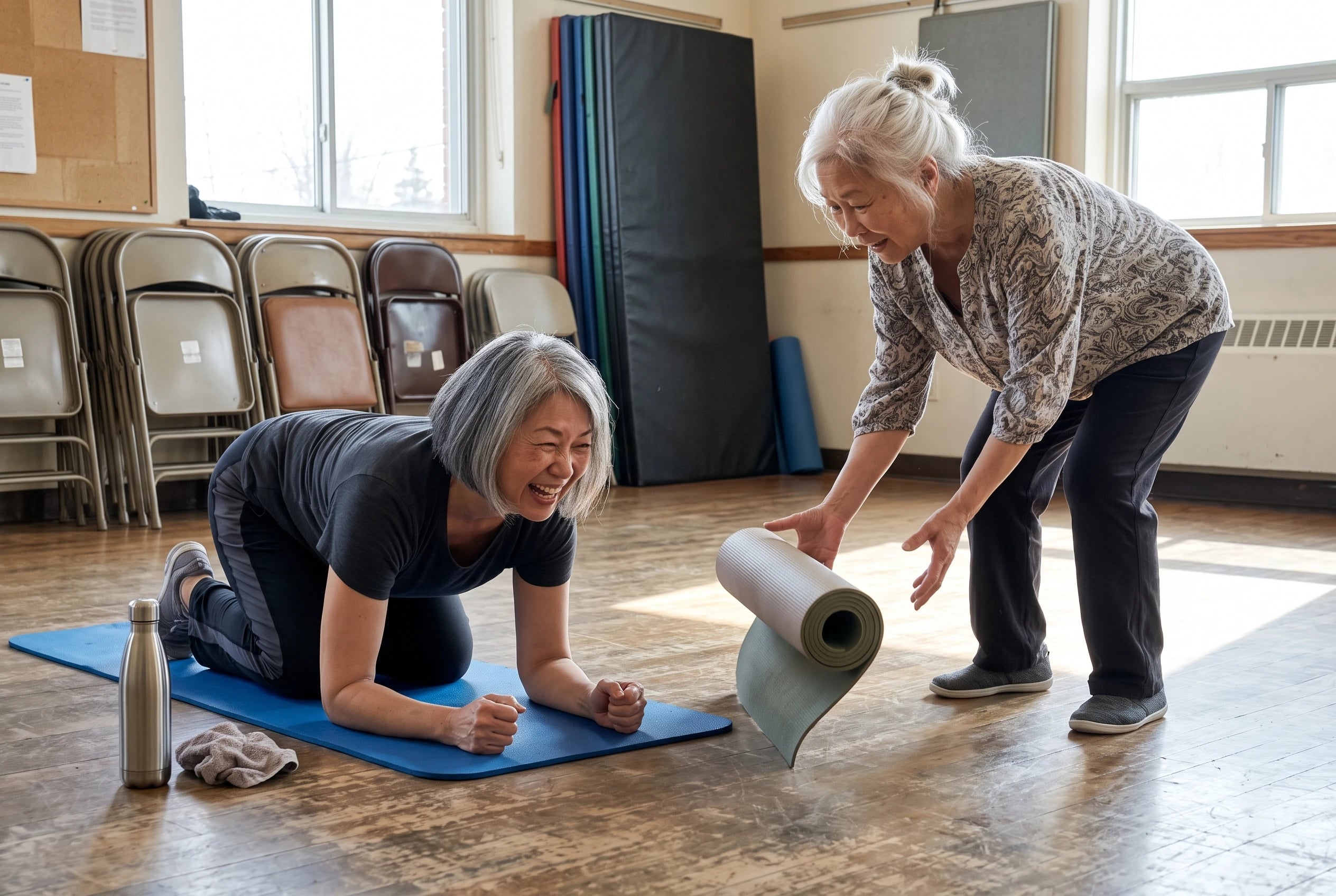Woman in her sixties holding a forearm-and-knee plank on a mat in a community-center studio.