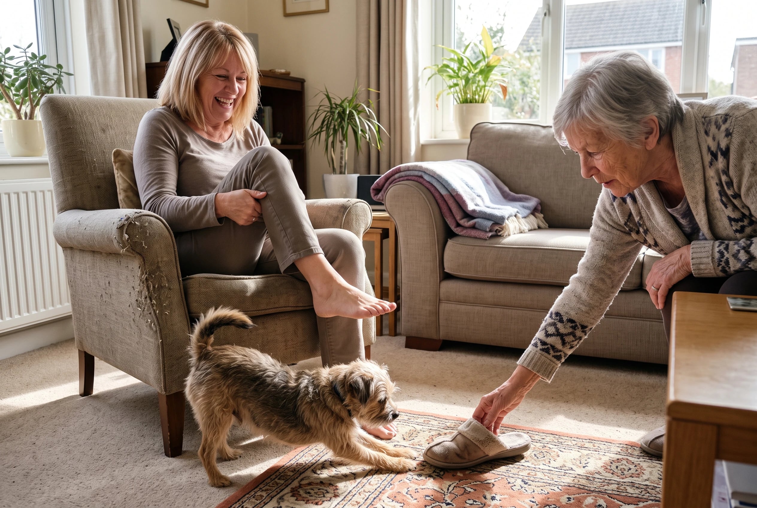 Woman in her sixties lifting one knee while seated in a living-room chair.