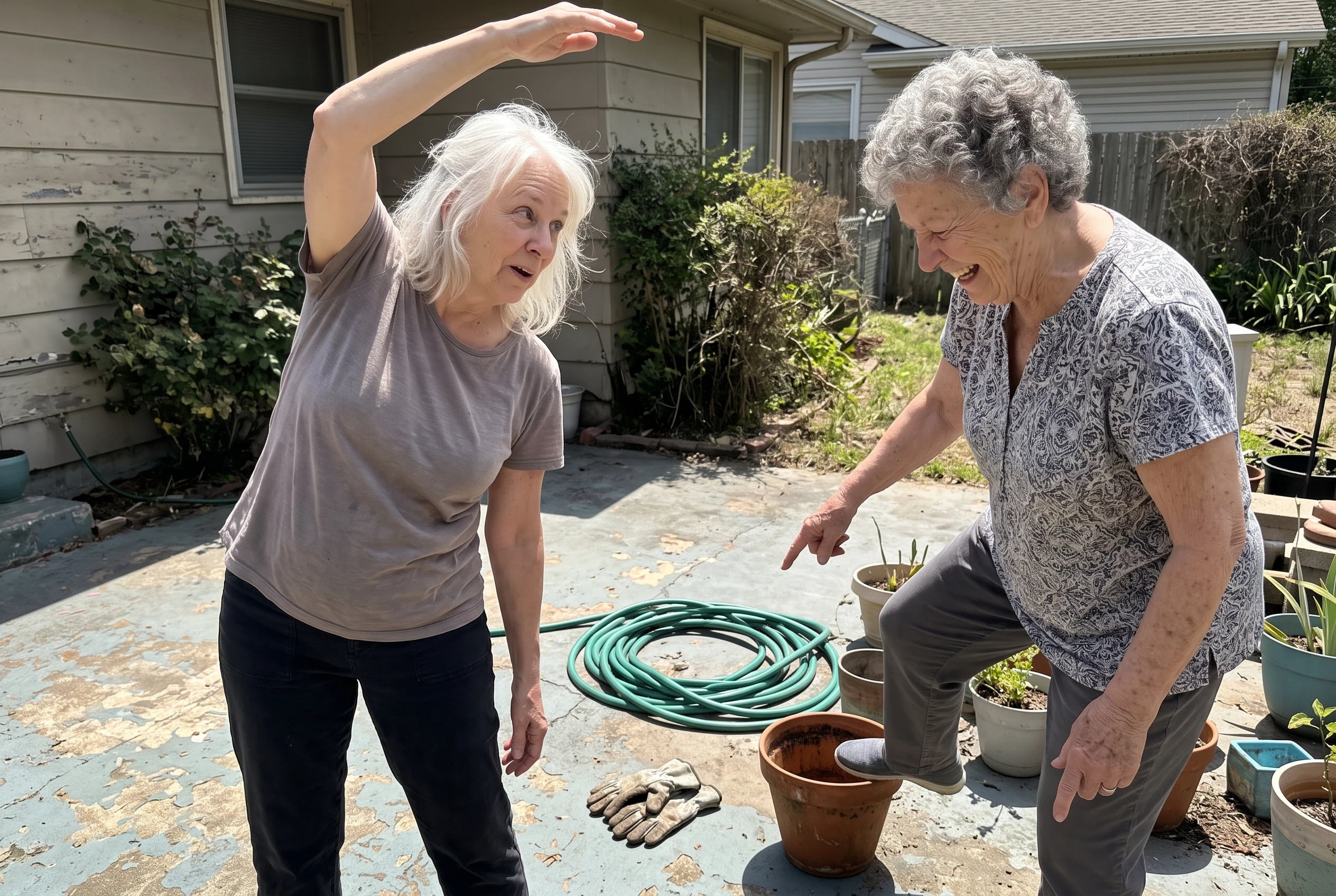 Woman in her sixties reaching one arm overhead for a standing side bend on a patio.