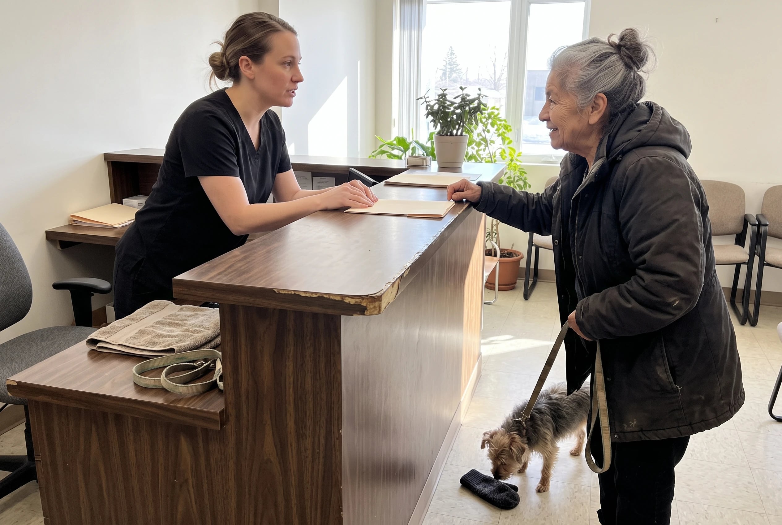 Older woman speaking with a veterinary receptionist while holding a small dog's leash at a clinic counter.