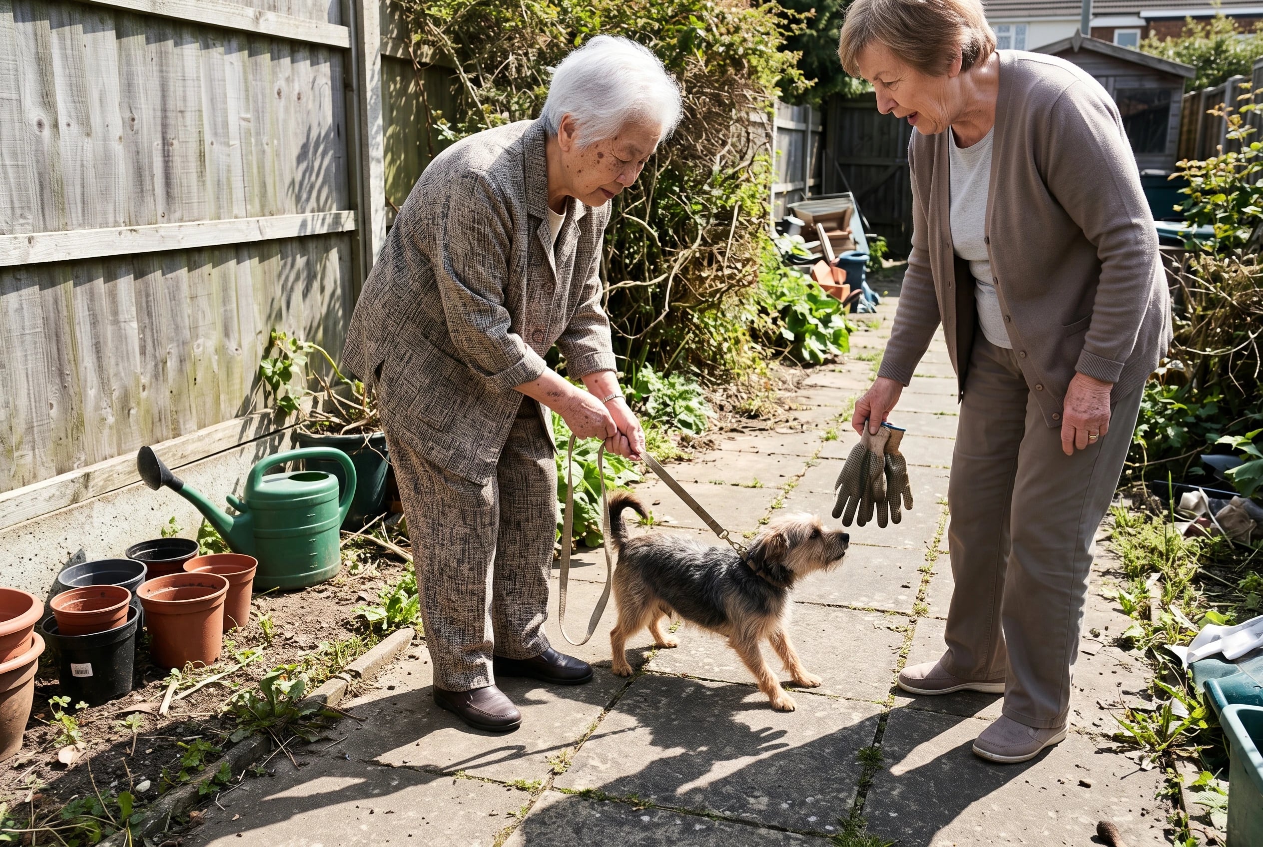Older woman testing a small dog's leash grip on a level garden path.