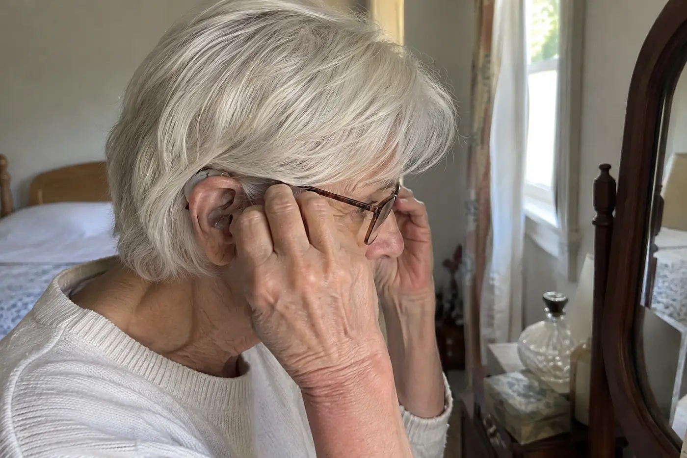 Woman settling a behind-the-ear hearing aid over the thin metal arm of her glasses in an audiologist's office.