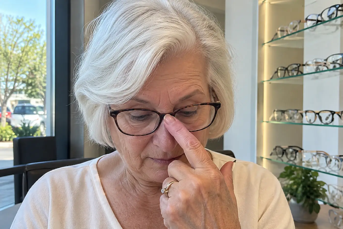 Woman pulling off her glasses one-handed while answering her phone outside a pharmacy.