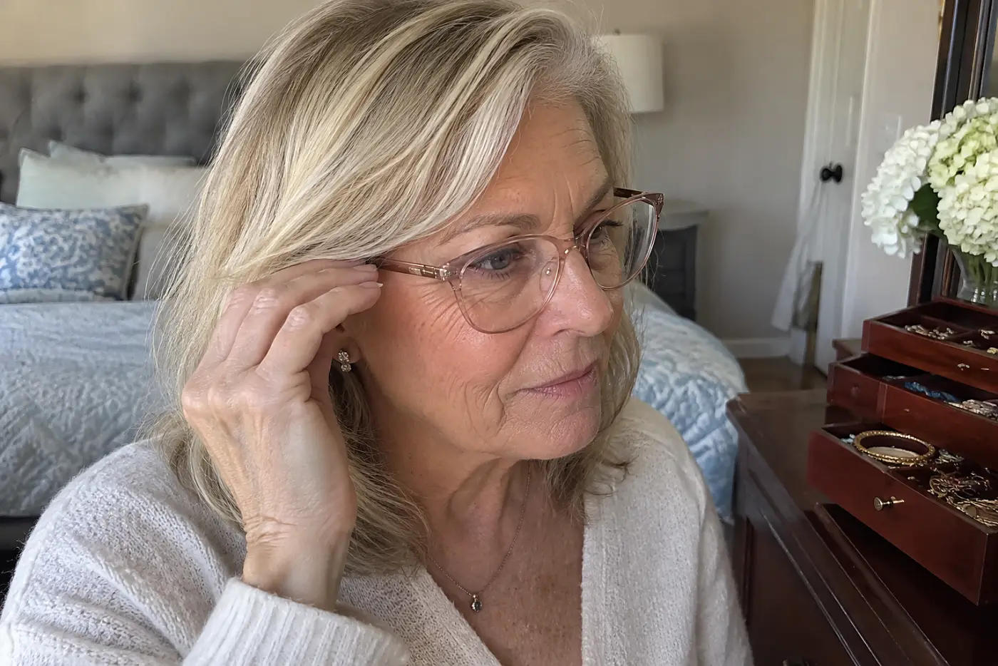 Woman in rose gold frames holding a bronze frame up near her cheek in the doorway of an optical shop.