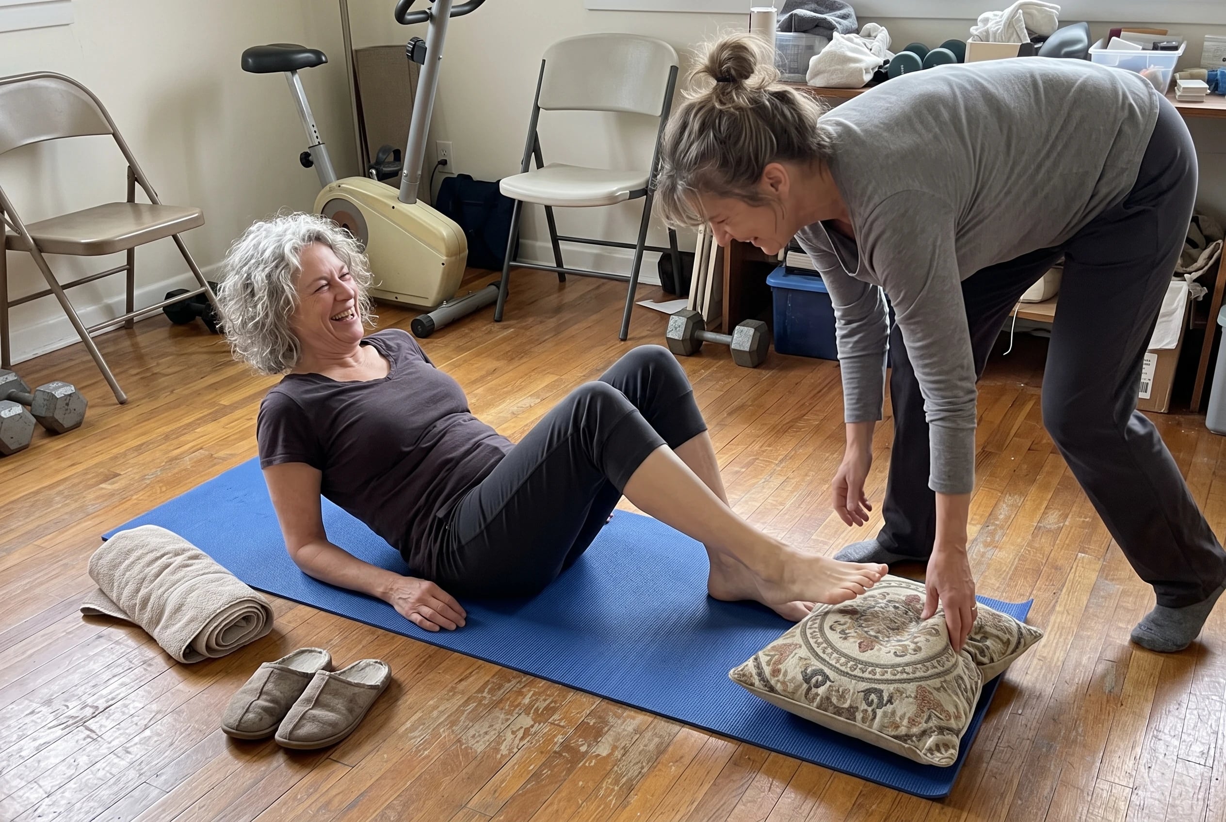 Older woman lying on a mat and straightening one raised knee in a home exercise room.