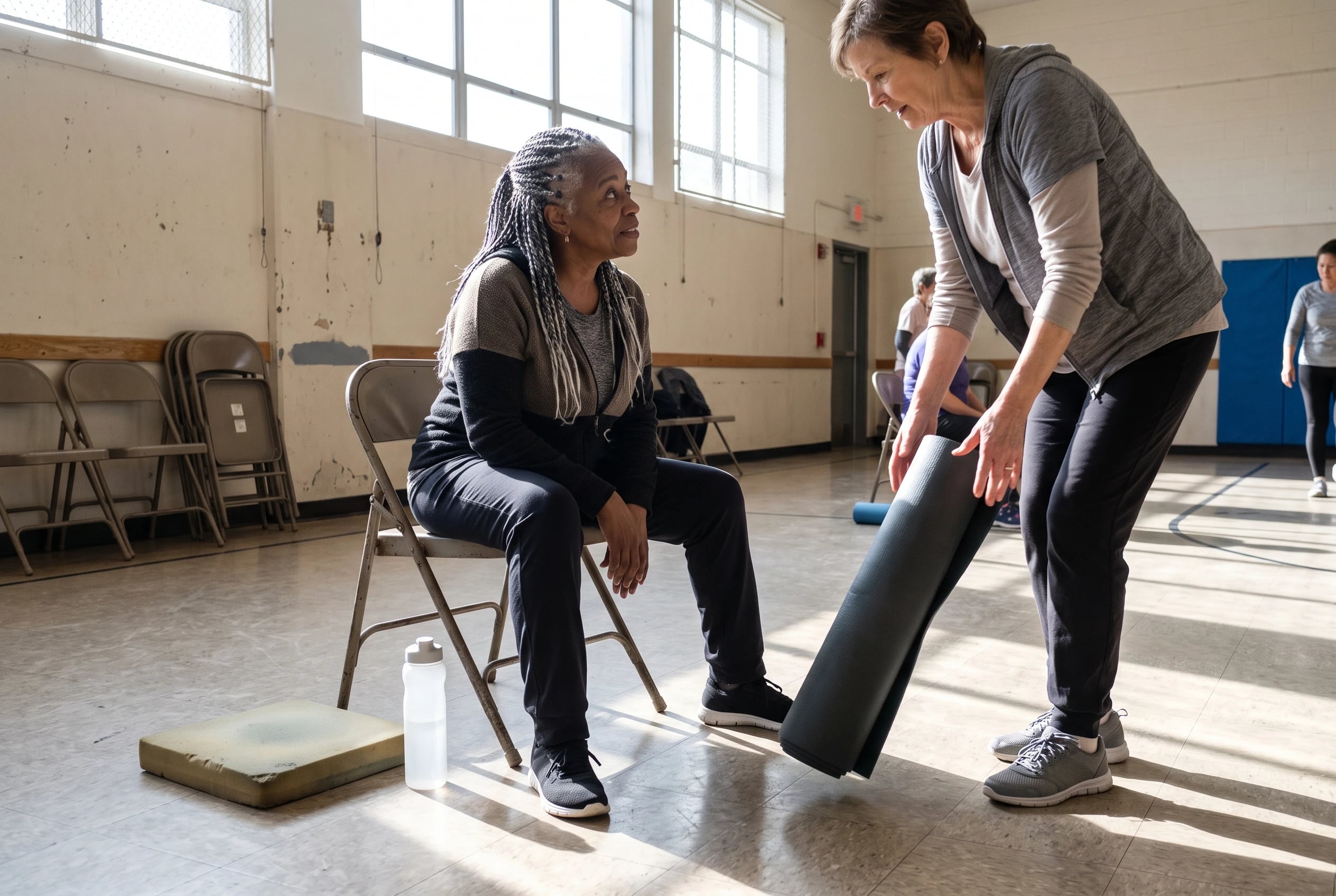 Older woman folding forward from a chair with her feet set wide in a community center.