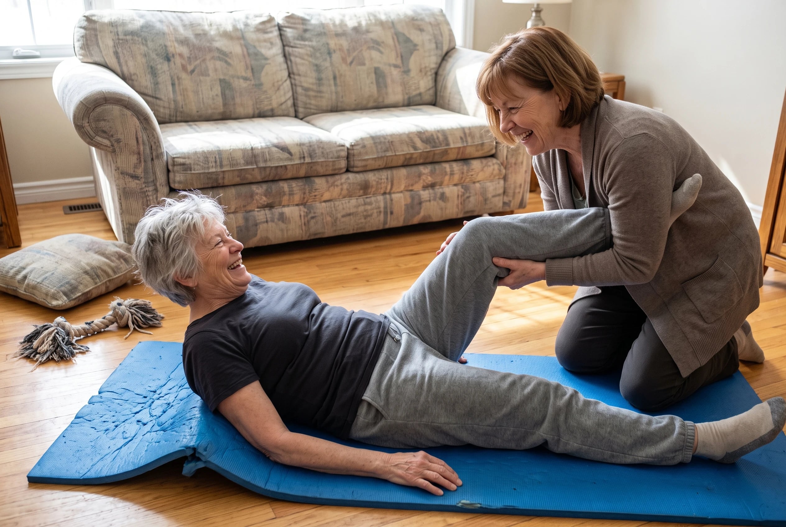 Older woman lying on a mat while her partner supports her raised leg in a family room.