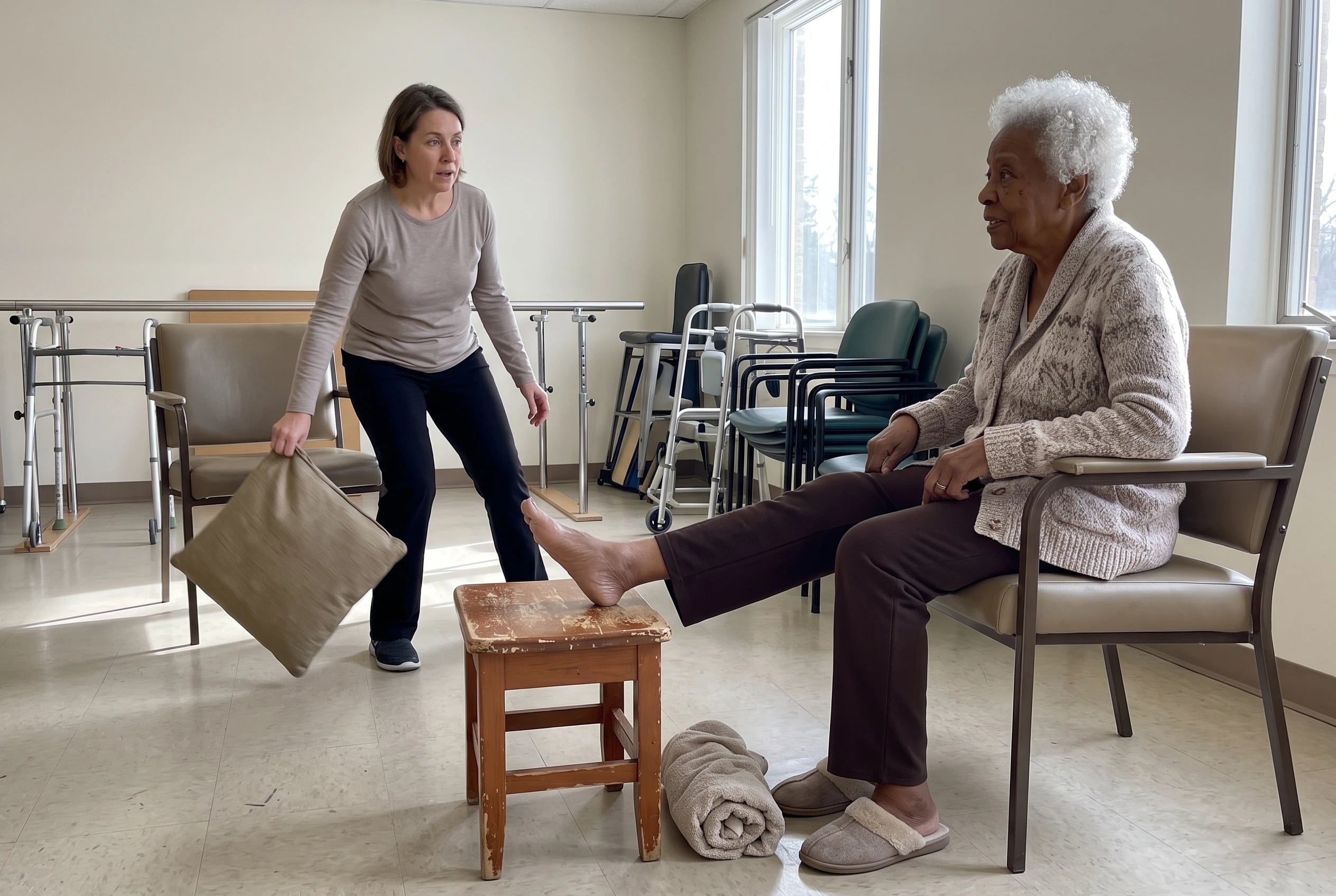 Older woman sitting on the edge of a firm chair with her heel supported in a rehabilitation room.