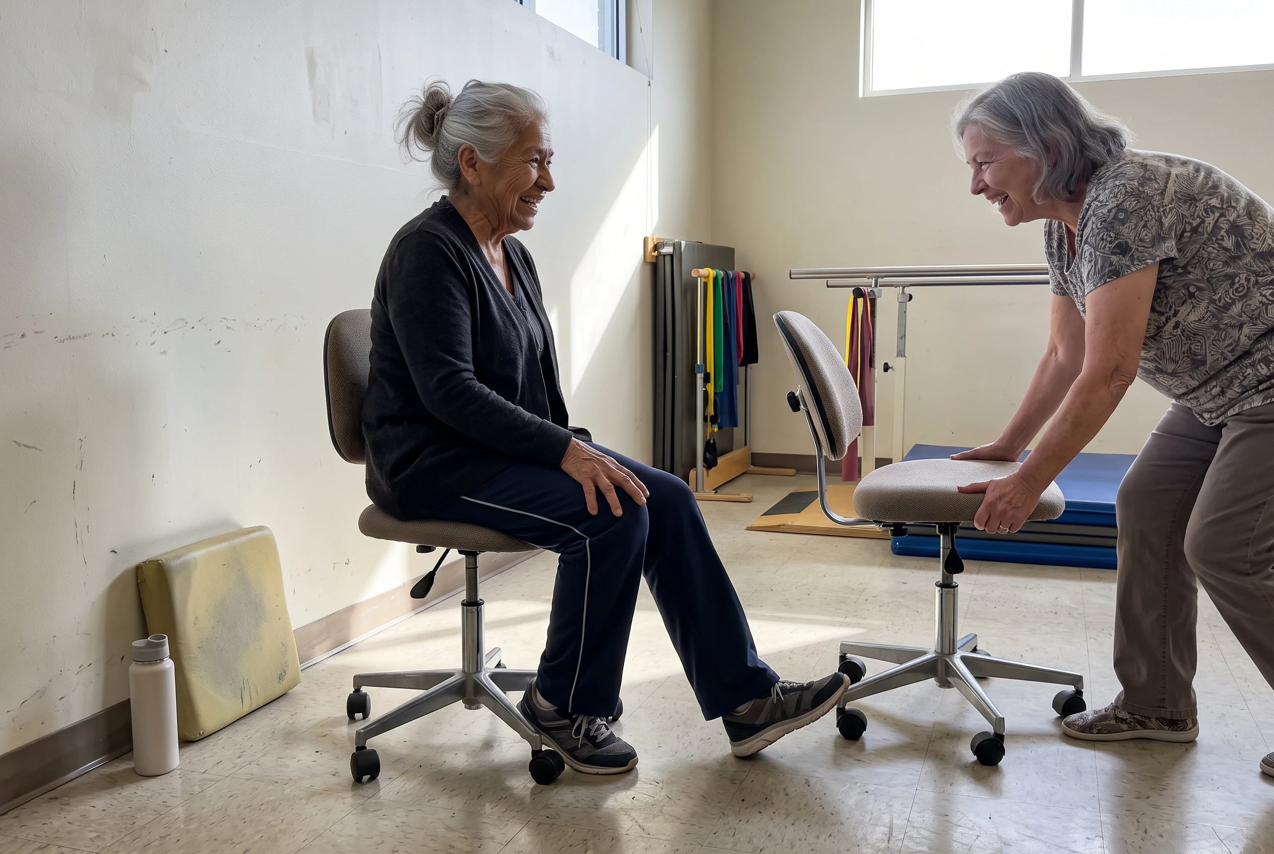 Older woman rotating her raised toes while sitting with one heel forward in a clinic exercise room.