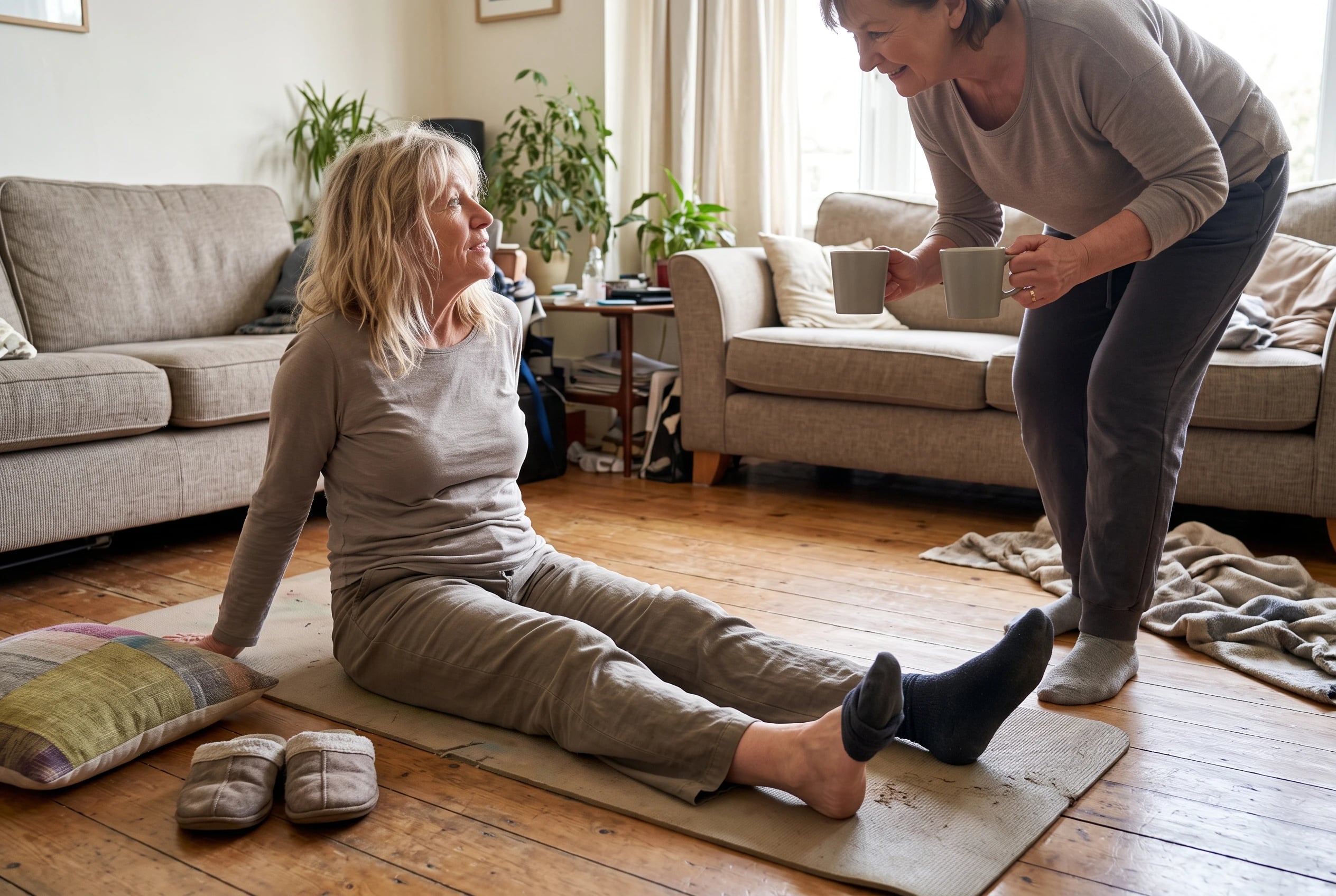Older woman sitting with both legs extended on a mat in her living room.