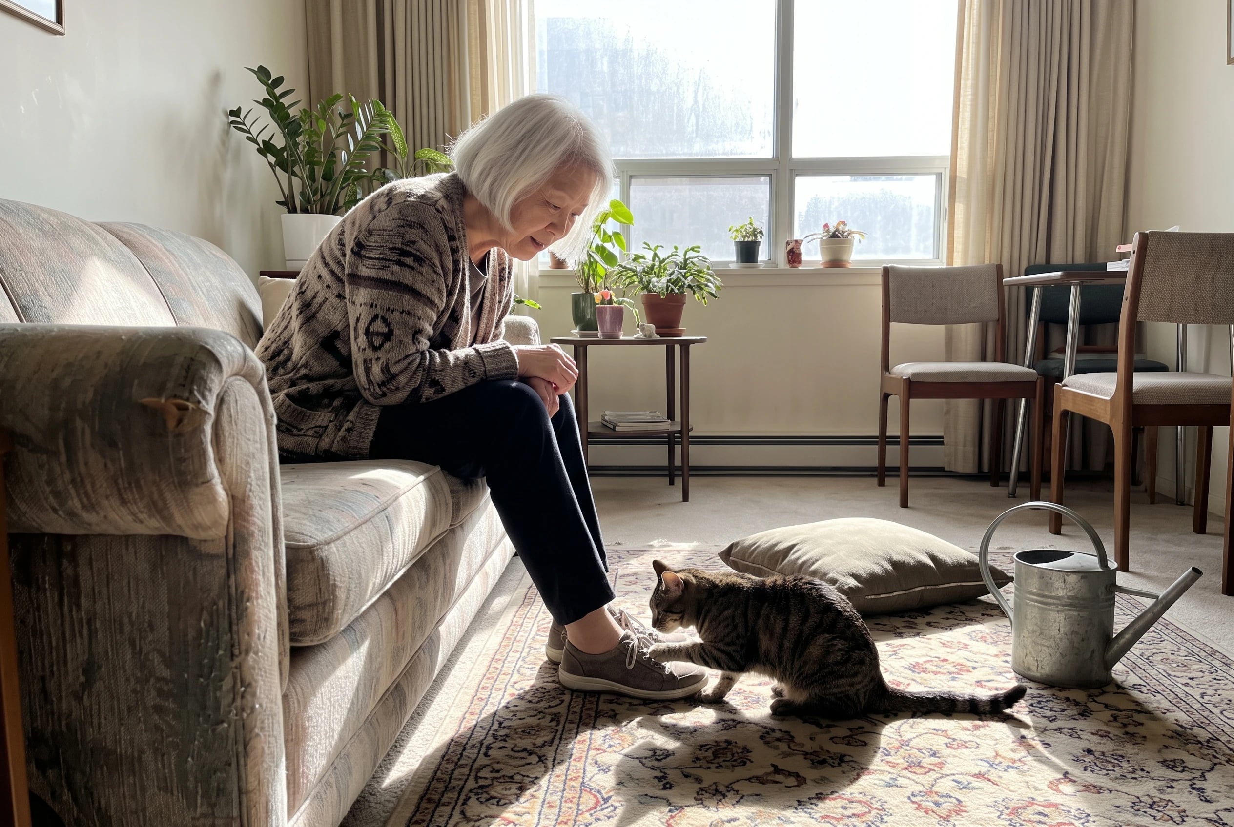 Older woman sitting with one ankle crossed over her opposite knee in a sunny apartment living room.