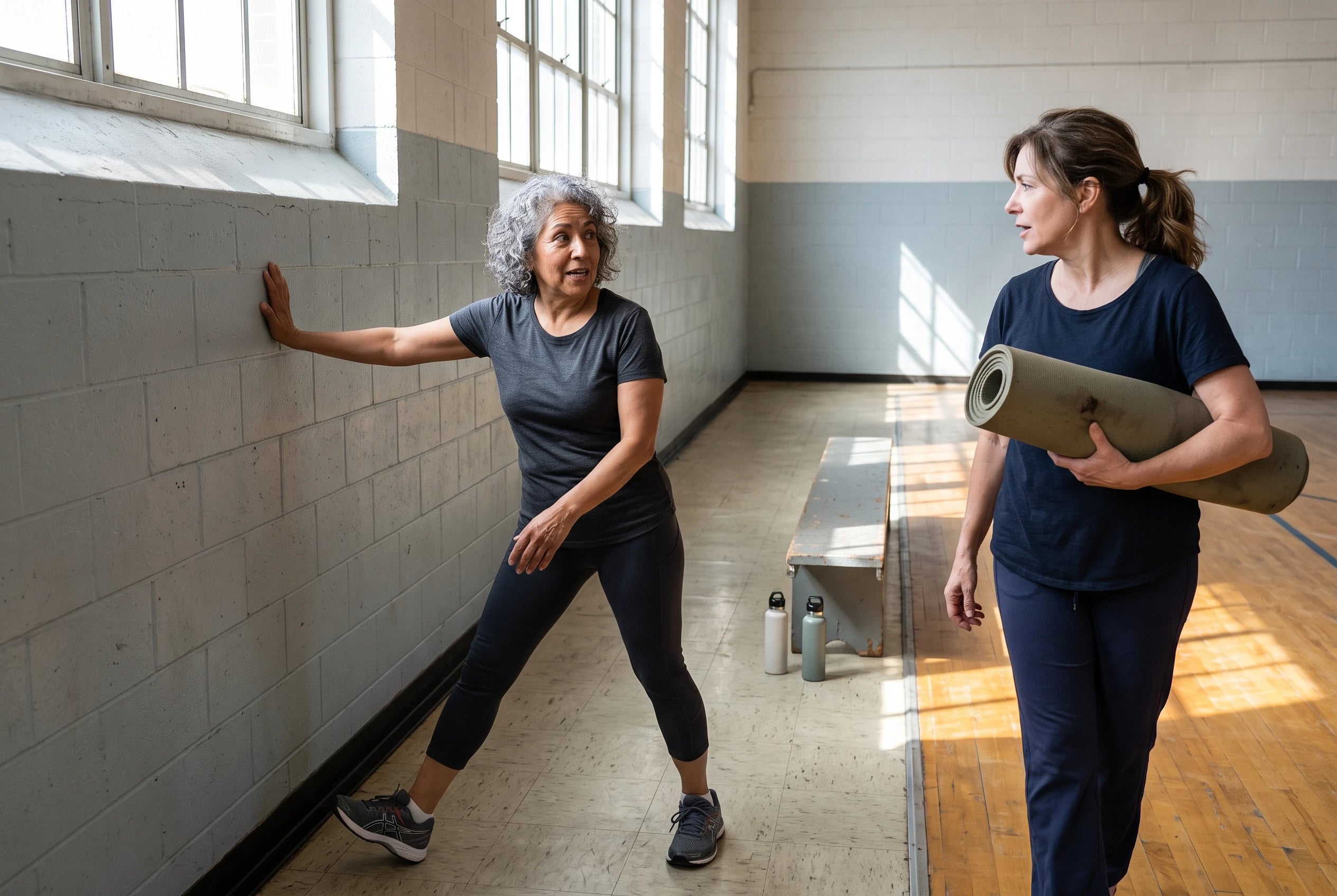 Older woman stretching one leg forward with a hand against the wall of a recreation center.