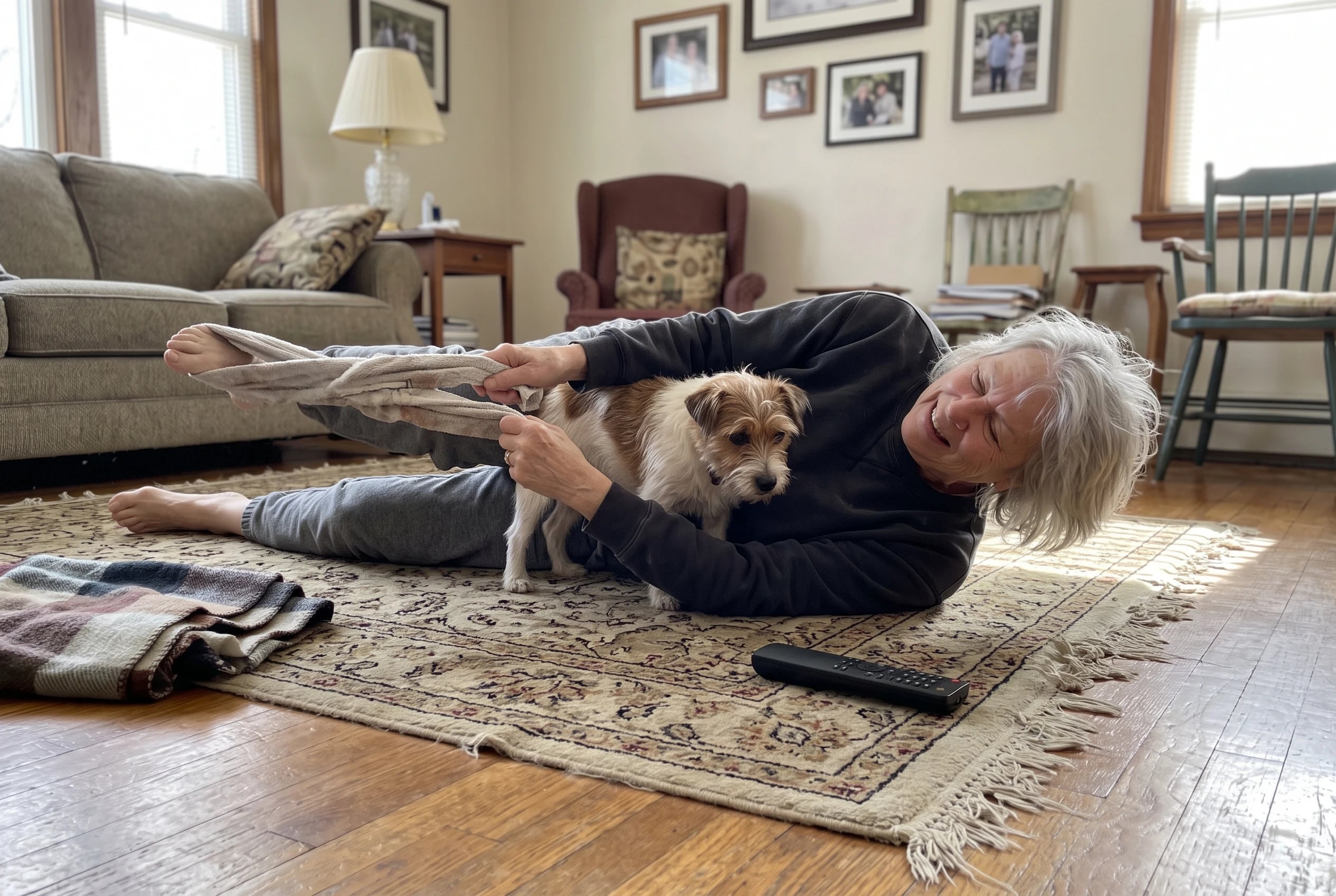 Older woman lying on a rug and holding both ends of a towel around her foot in her den.