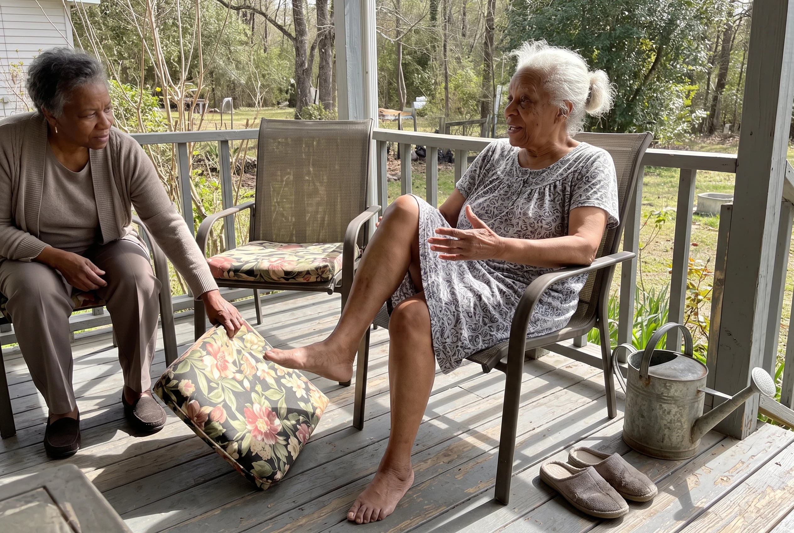 Older woman lifting one knee while seated in a chair on her covered porch.