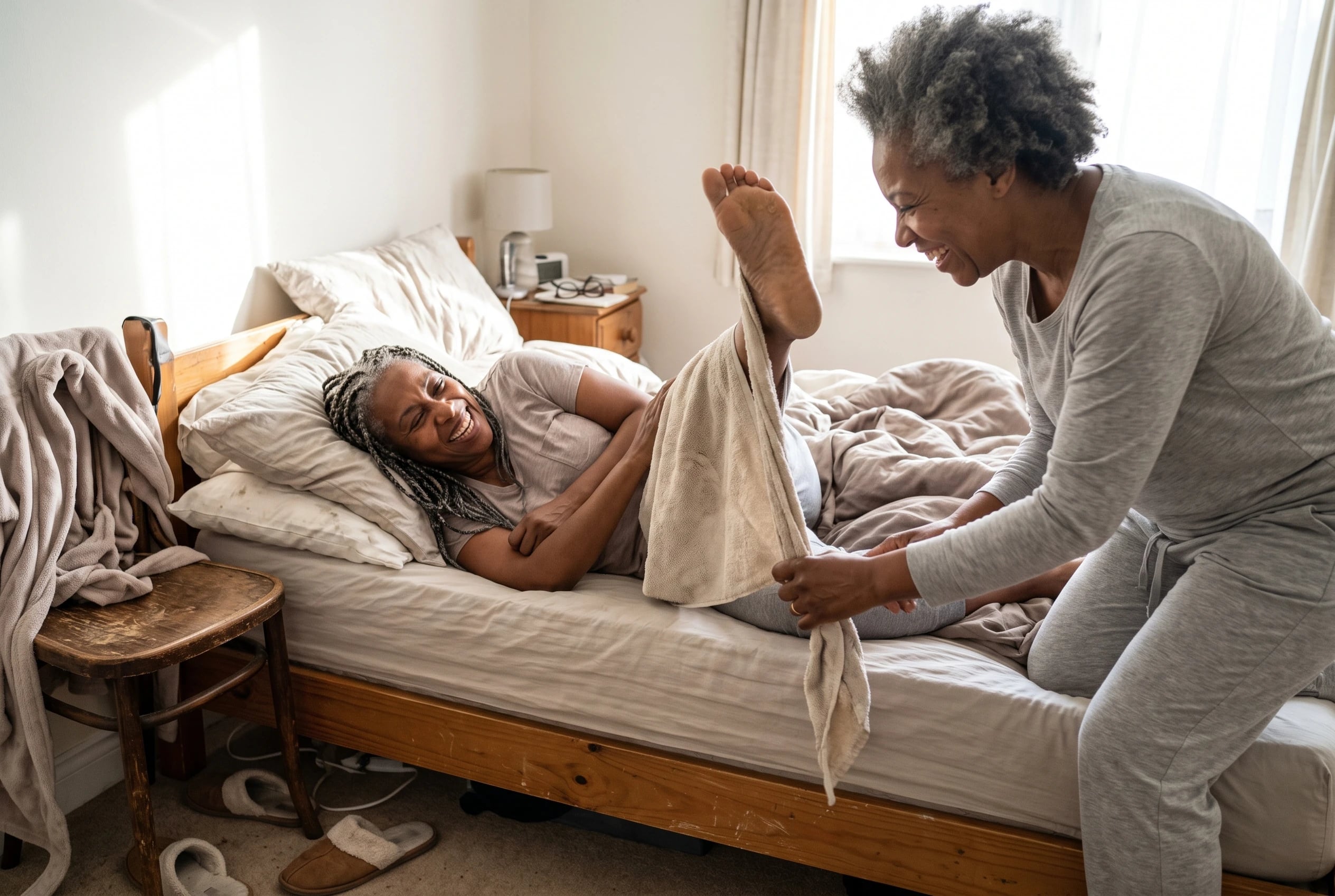 Older woman lying in bed with a towel looped around her raised foot in her bedroom.