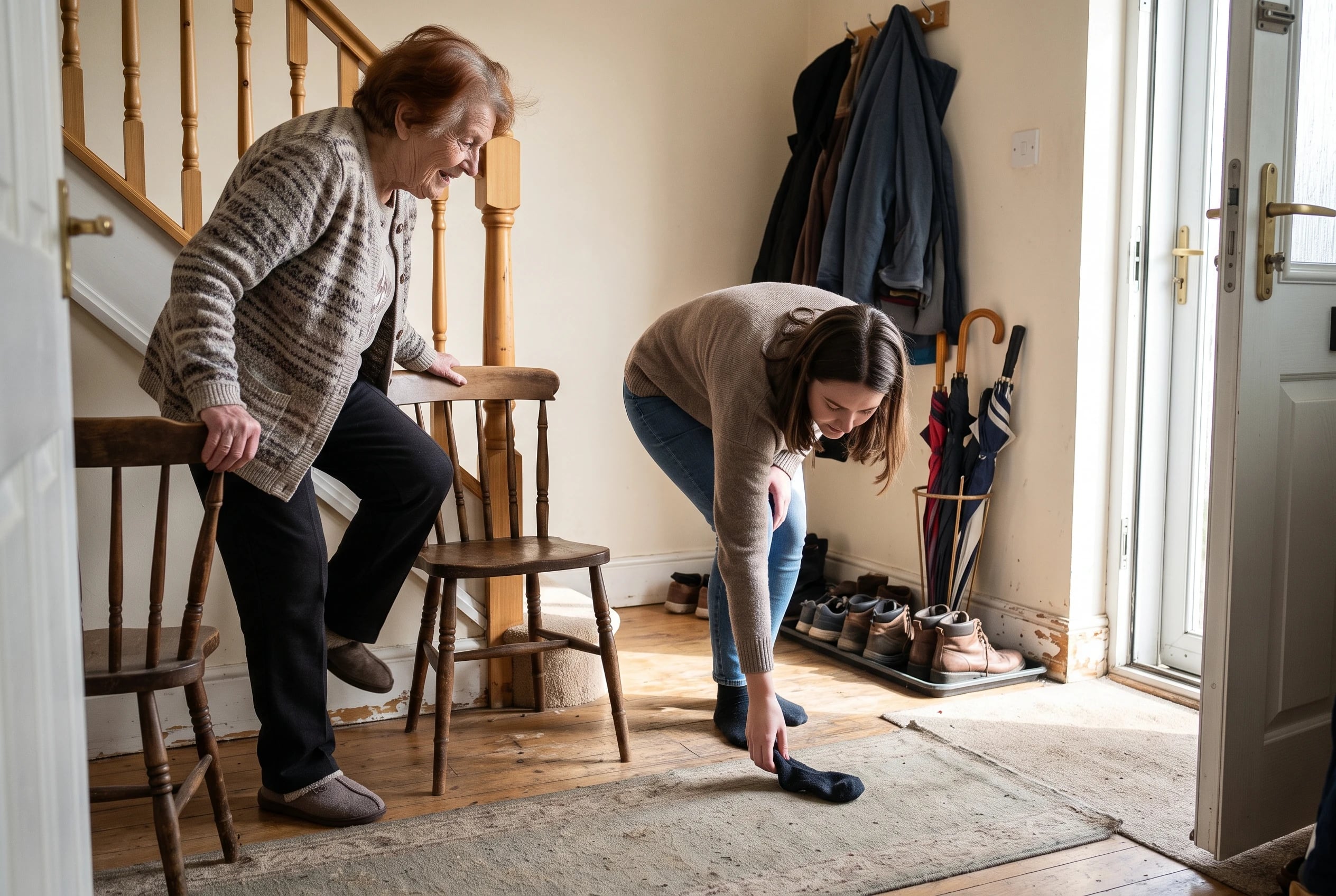 Older woman resting one heel on a low step while holding a chair in her hallway.