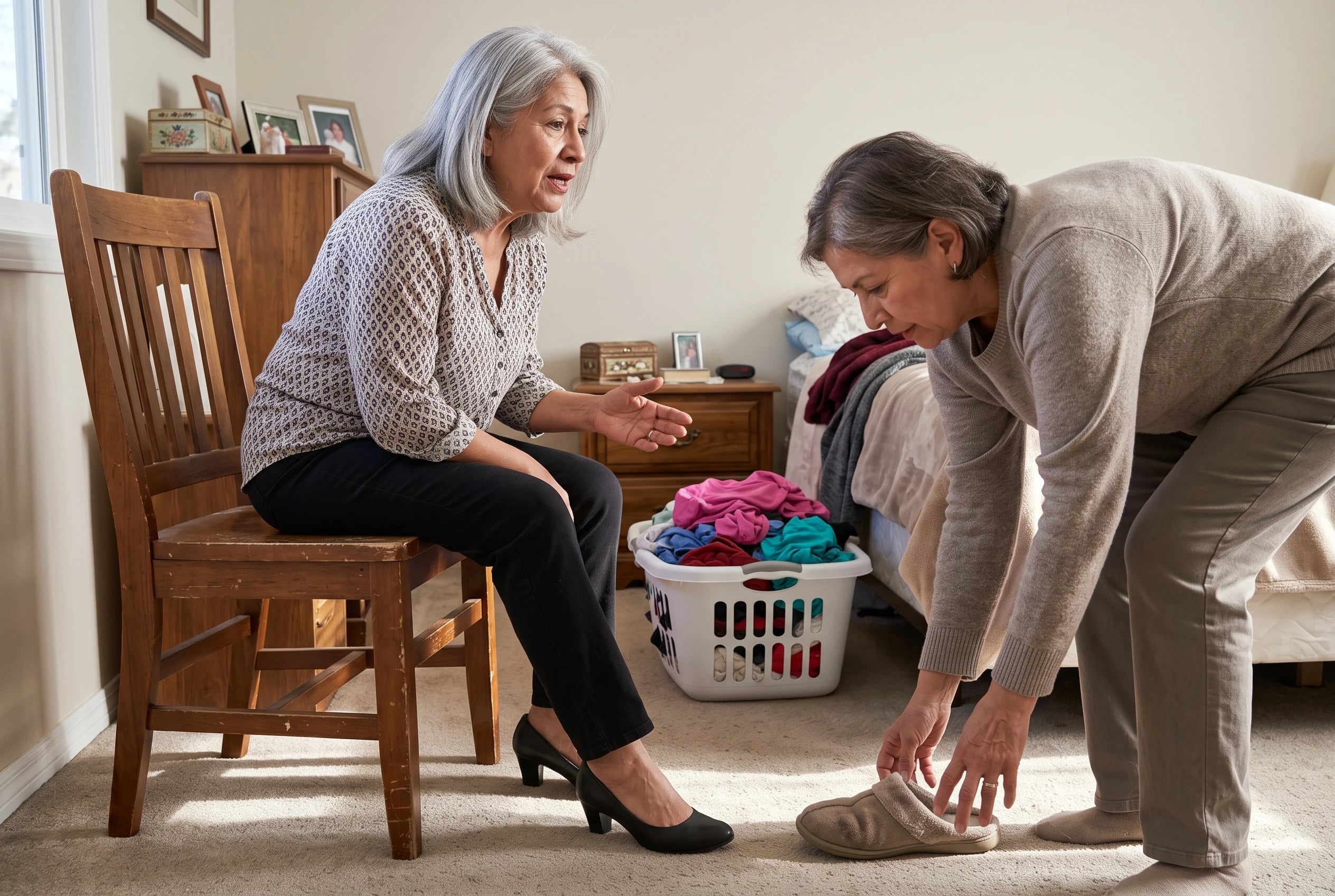 Older woman sitting at the edge of a firm chair with one heel forward on her bedroom floor.