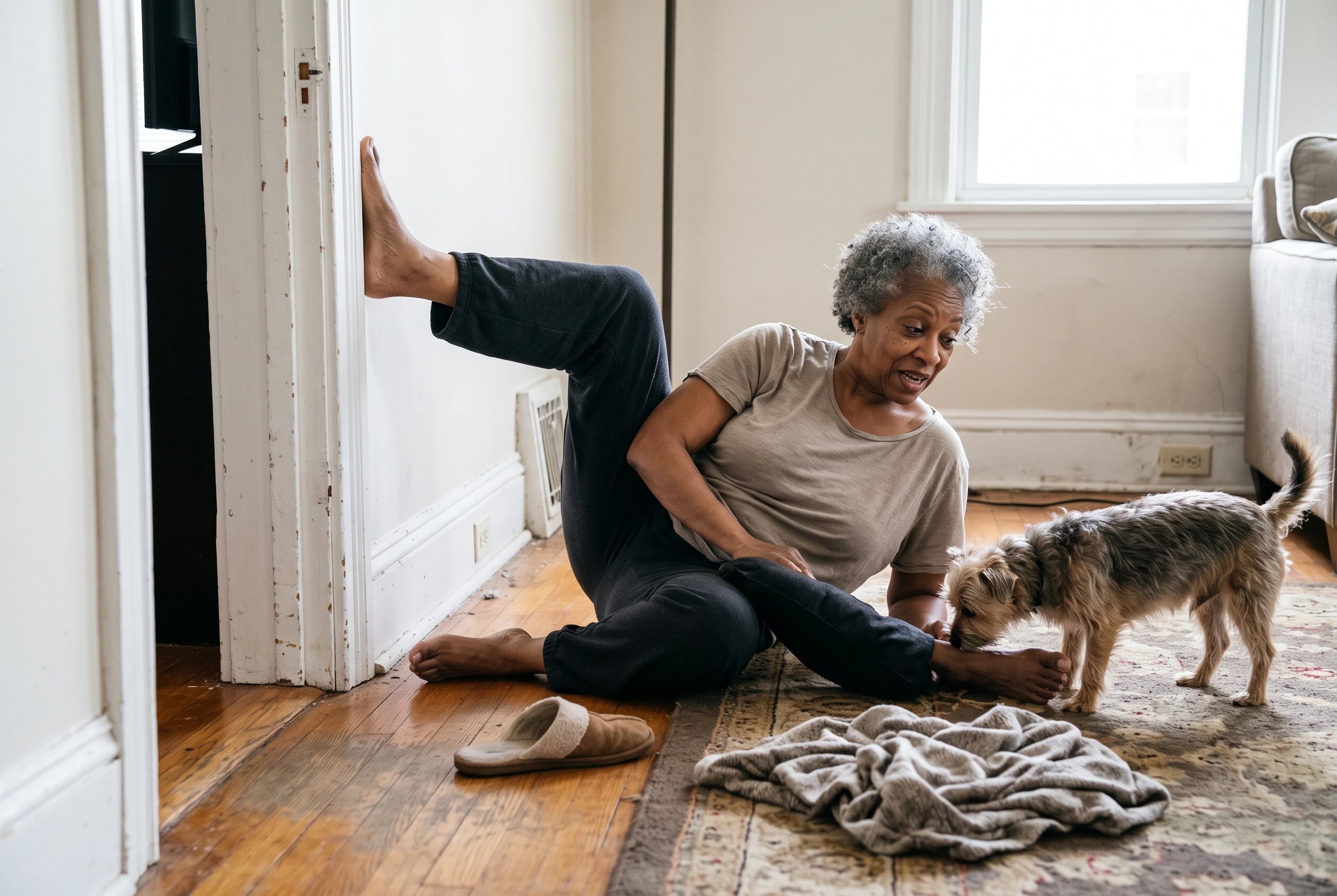 Older woman lying beside an open doorway with one leg raised against the wall in her living room.