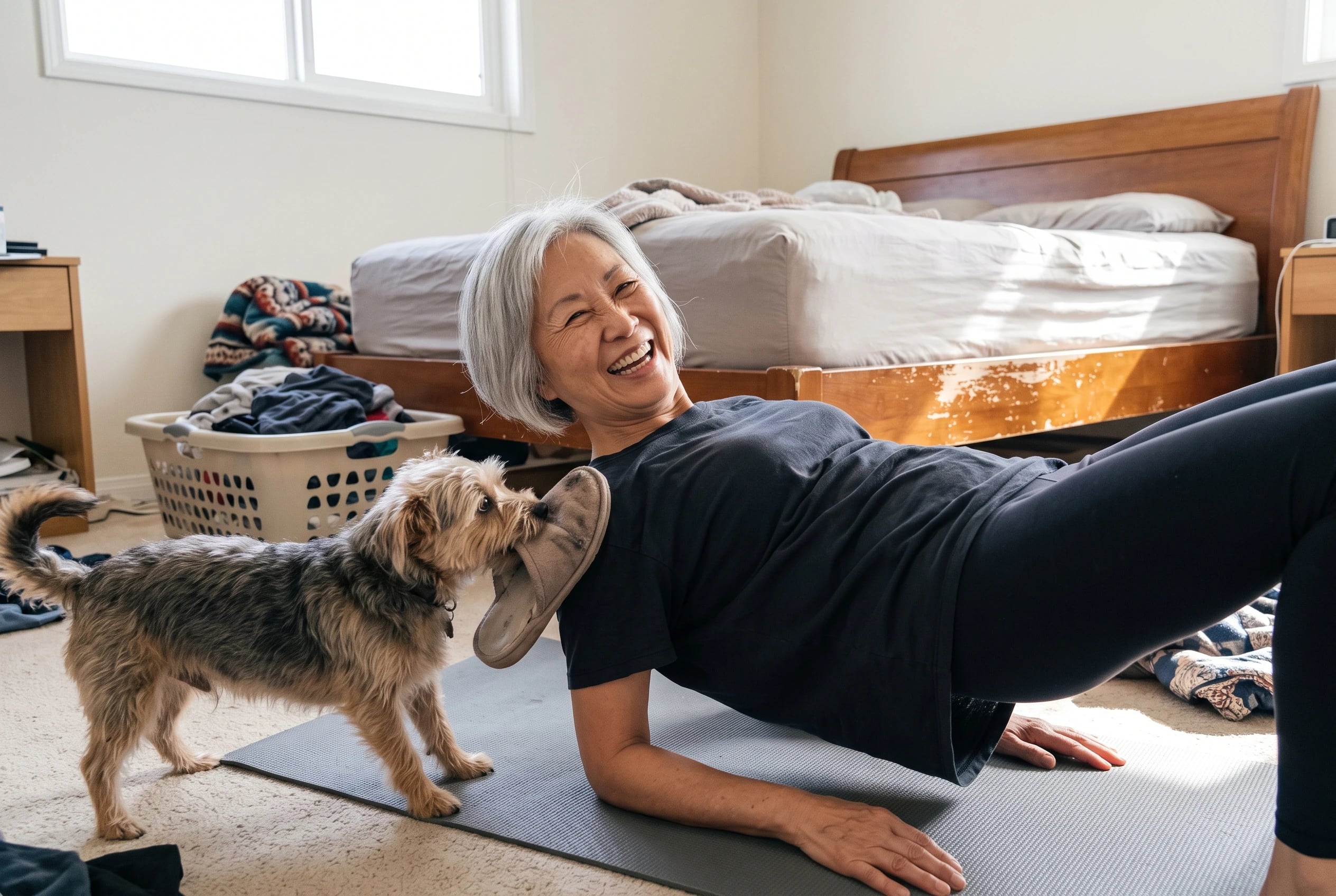 Older woman lifting her hips in a bridge on a mat in her bedroom.