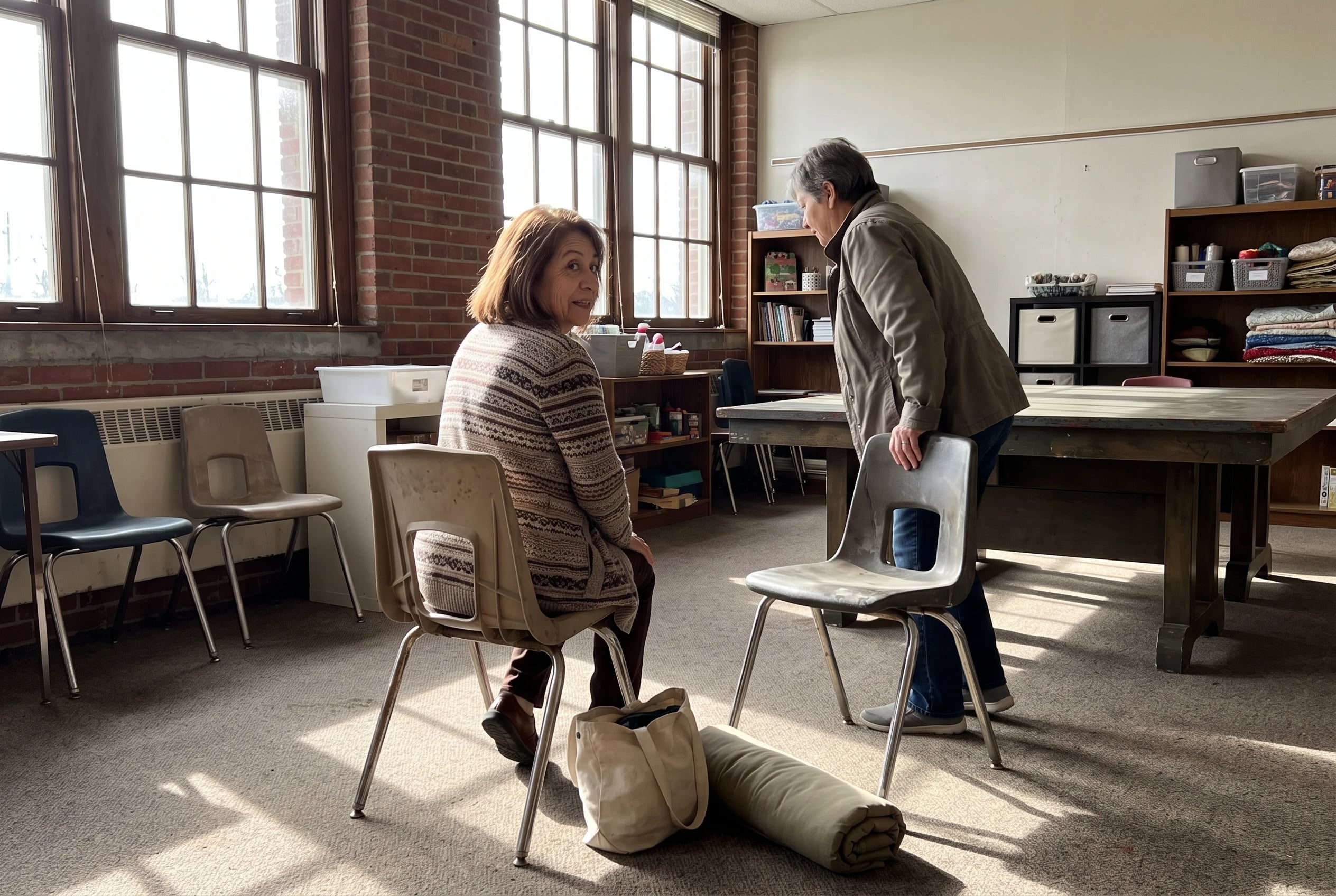 Older woman pressing her heel into the floor while seated in a library activity room.