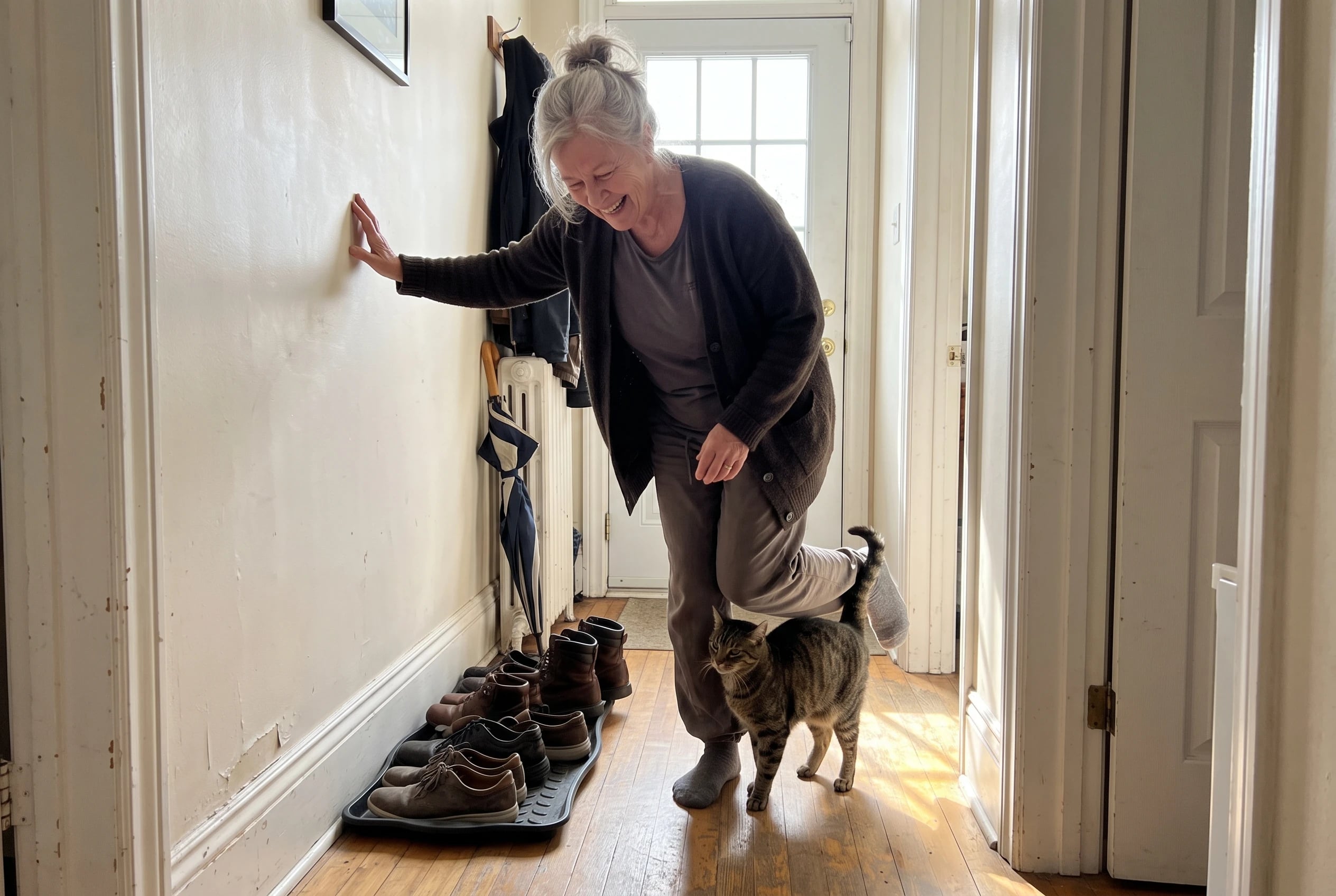 Older woman bending one knee behind her while holding a wall in her hallway.