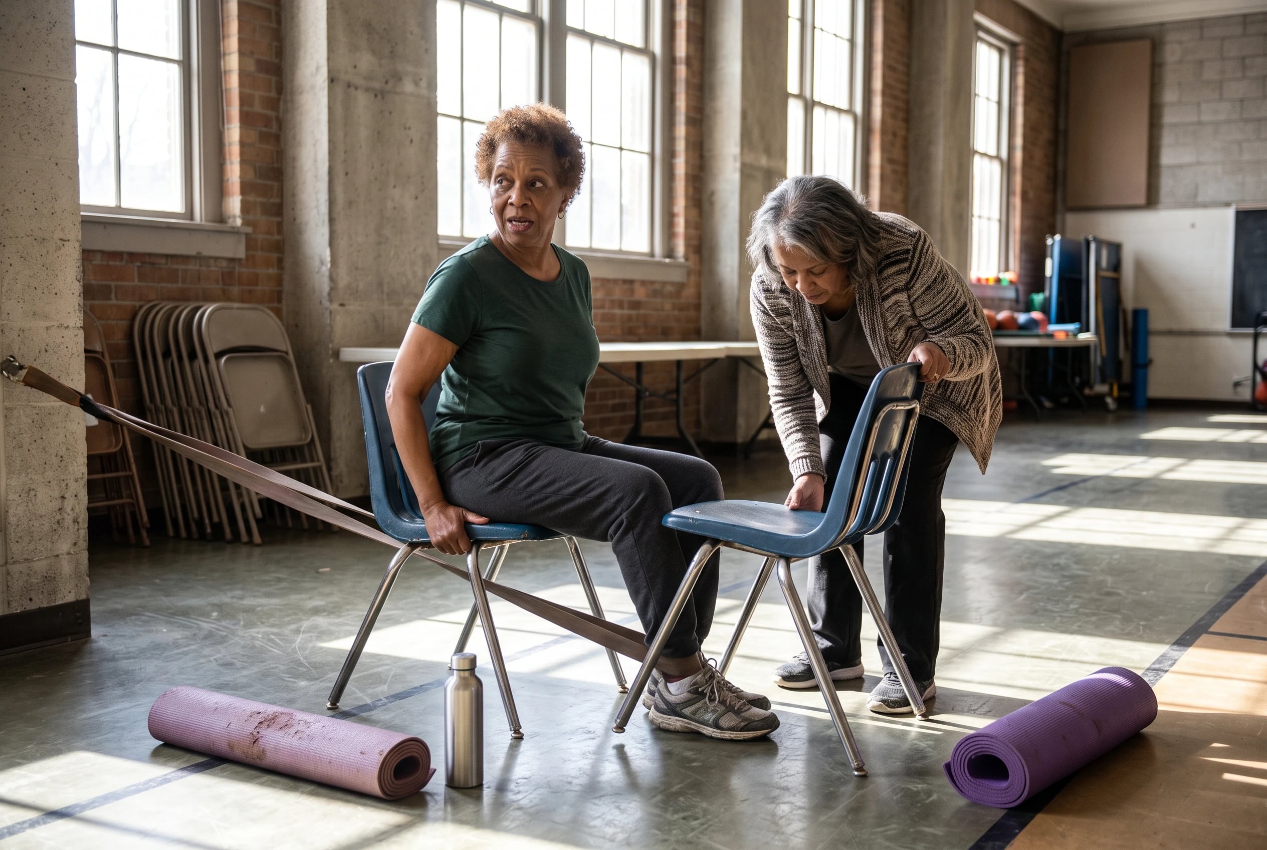 Older woman pulling her heel under a chair against an anchored band in a recreation center.