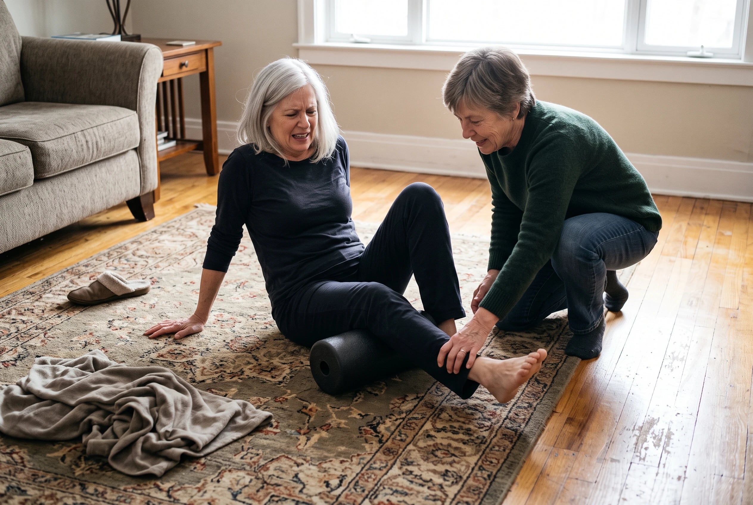 Older woman rolling the back of her thigh over a foam roller on her living room floor.