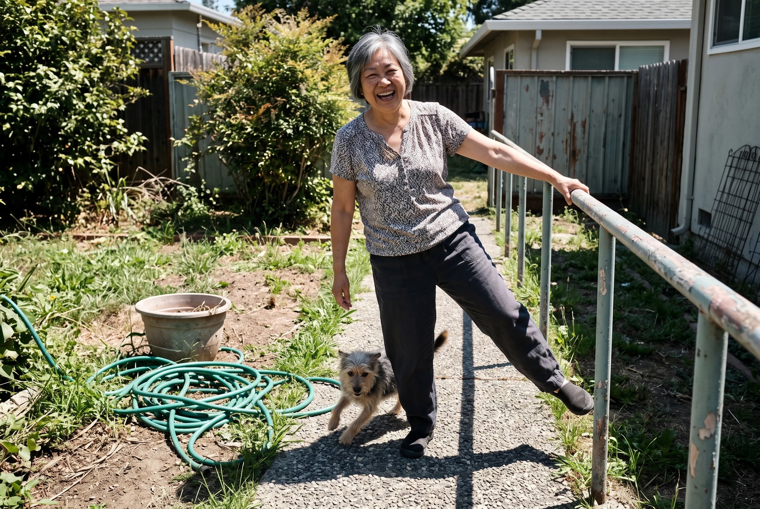 Older woman swinging one leg while holding a railing beside a garden path.