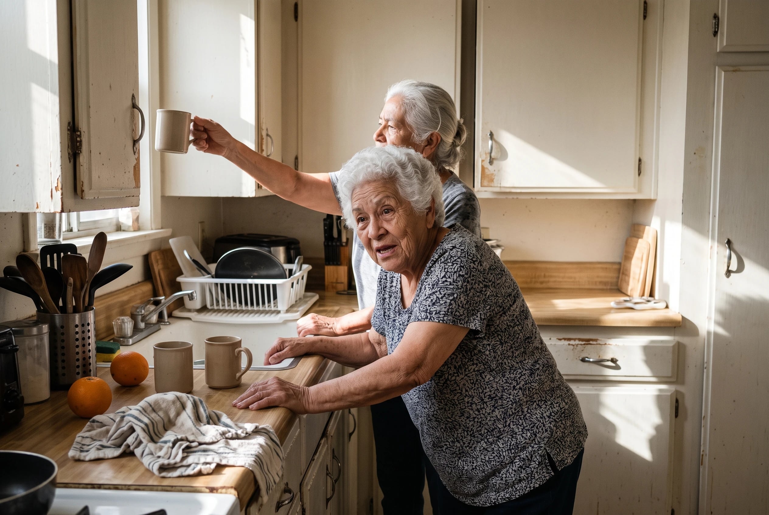 Older woman hinging at her hips with both hands on a kitchen counter.