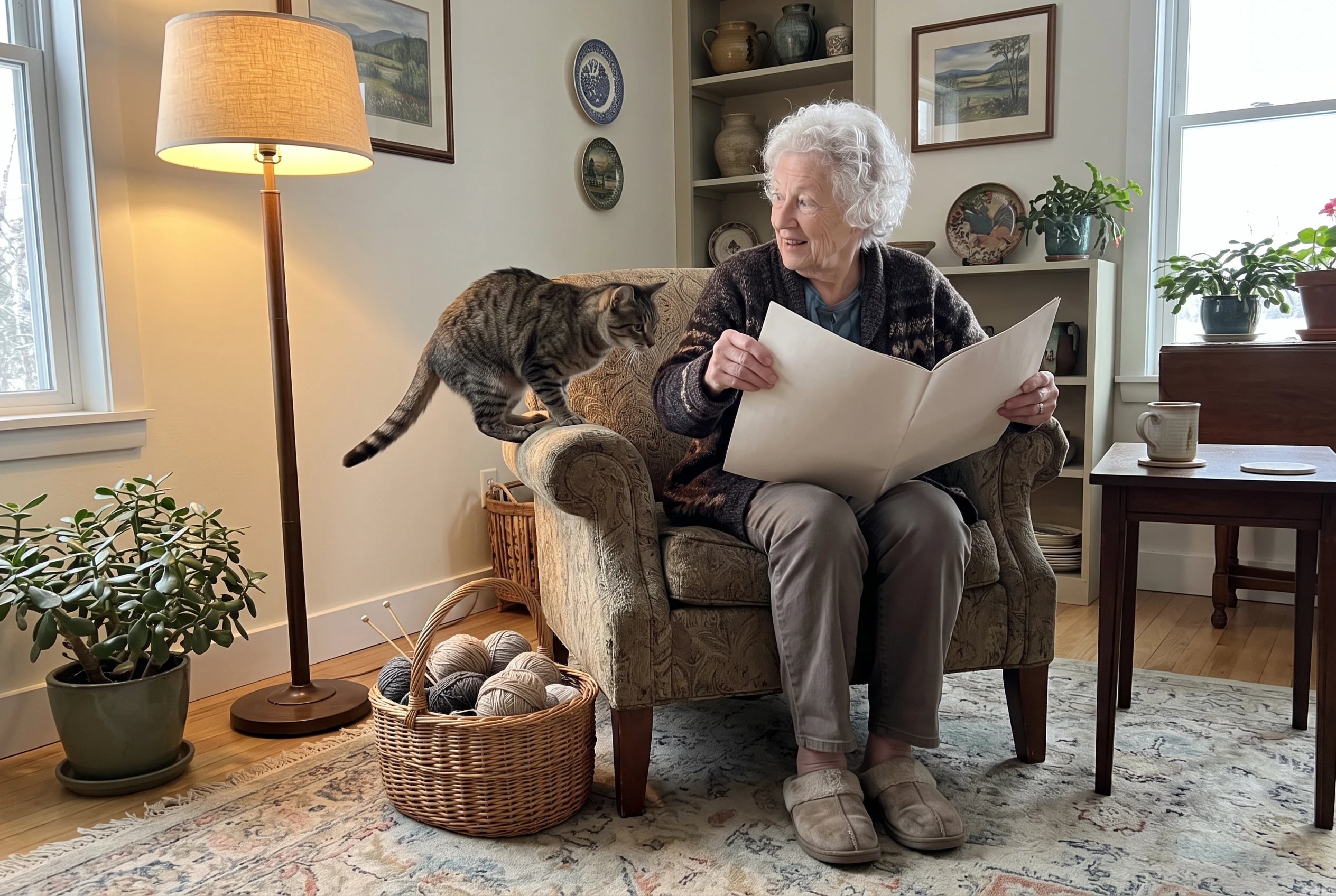 An older woman reads Reader's Digest Large Print in an armchair beside her living room lamp.