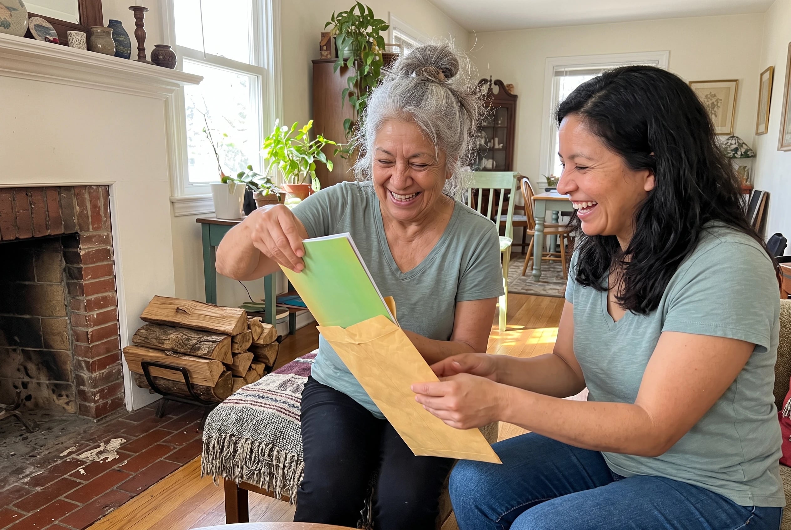 An older woman pulls a Smithsonian magazine from a gift envelope beside her fireplace.