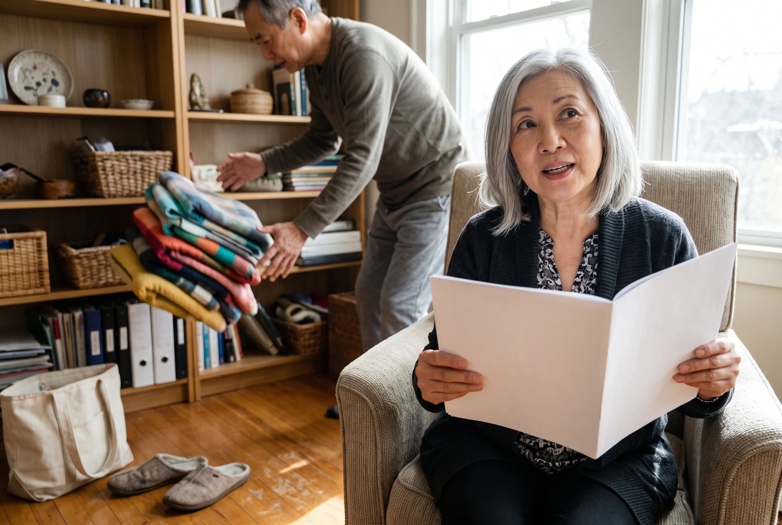 An older woman reads Kiplinger Personal Finance in a chair near her home bookshelf.