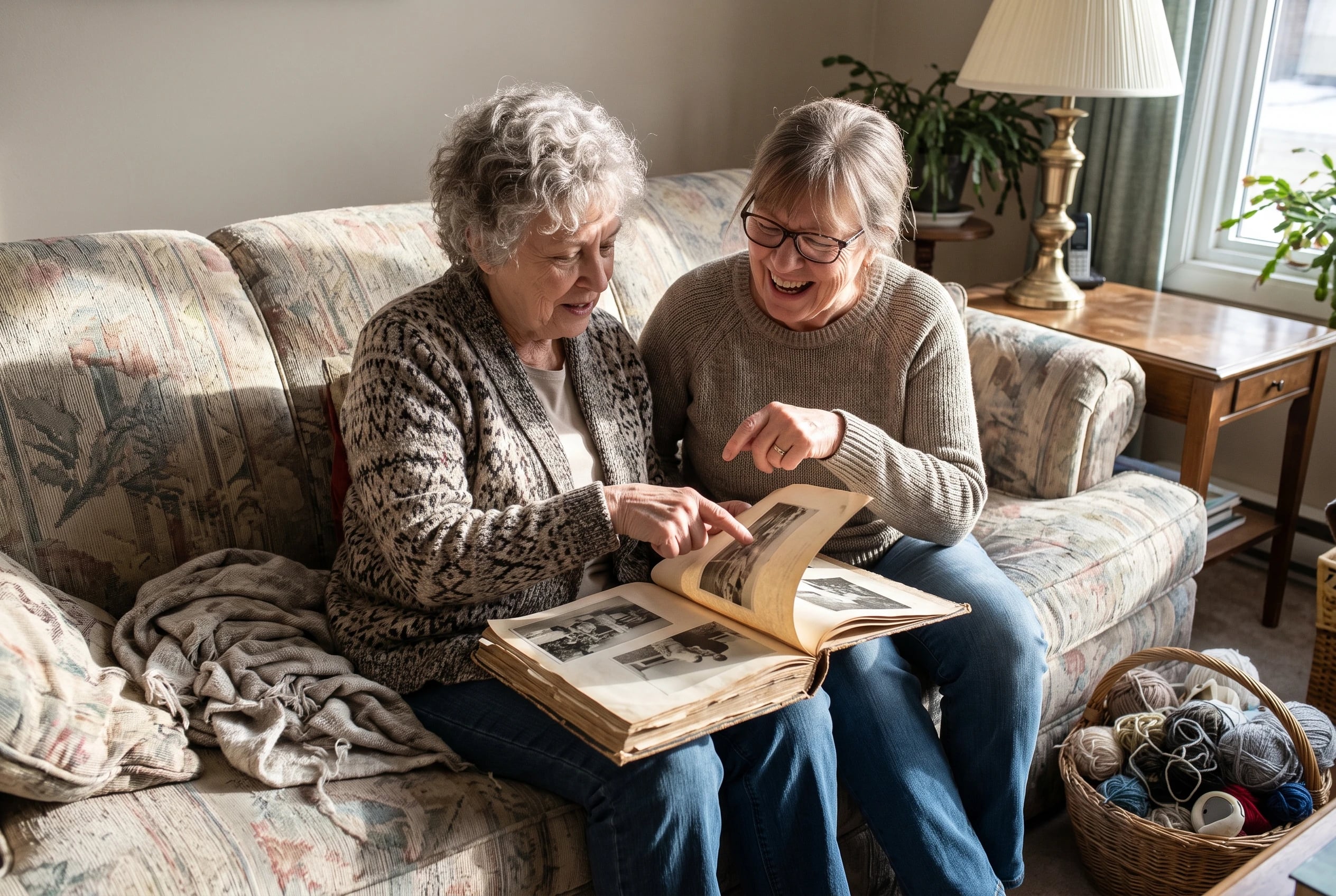An older woman points out a vintage photograph in Good Old Days to her sister on a sofa.