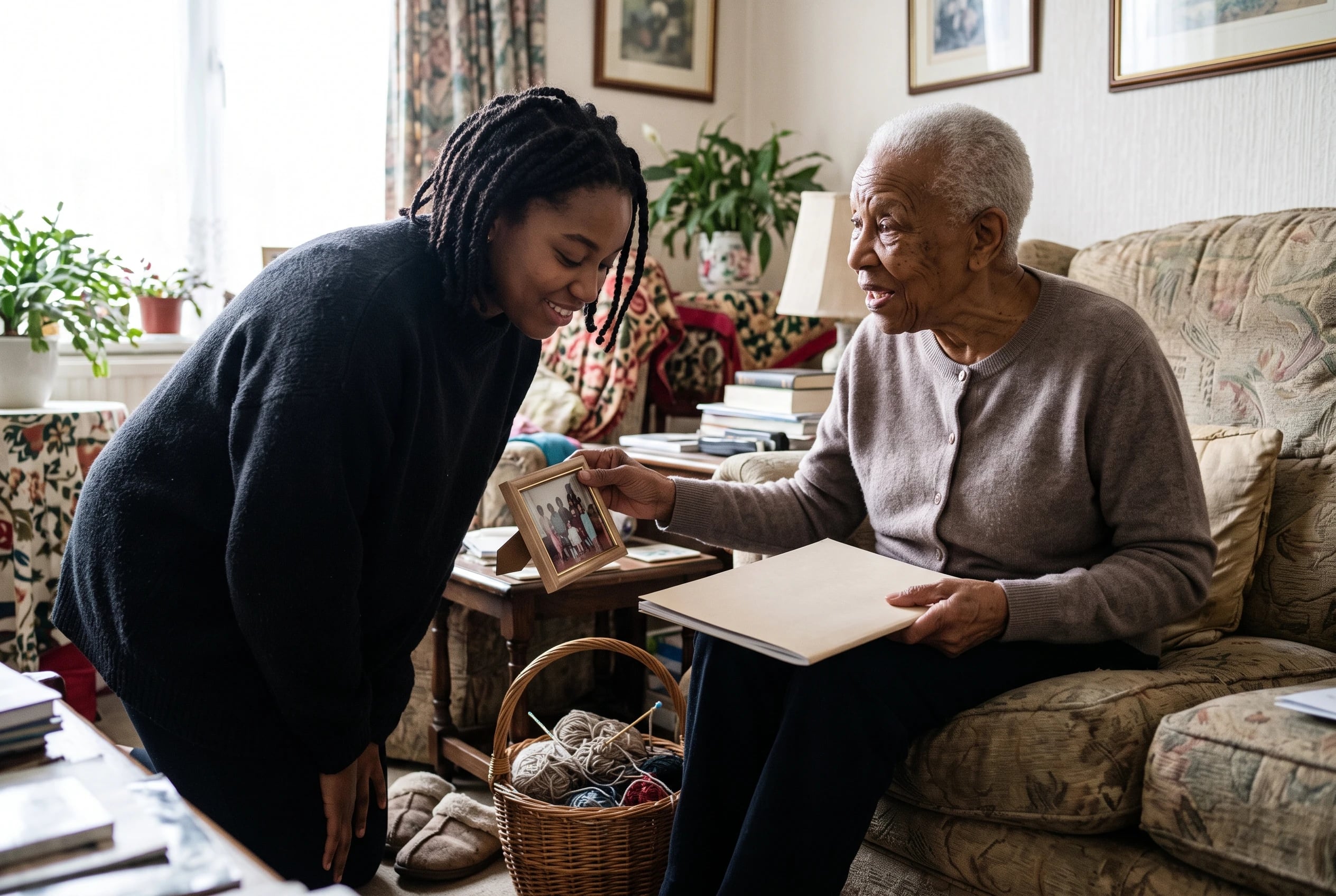 An older woman holds a Reminisce magazine beside a framed family photograph in her living room.