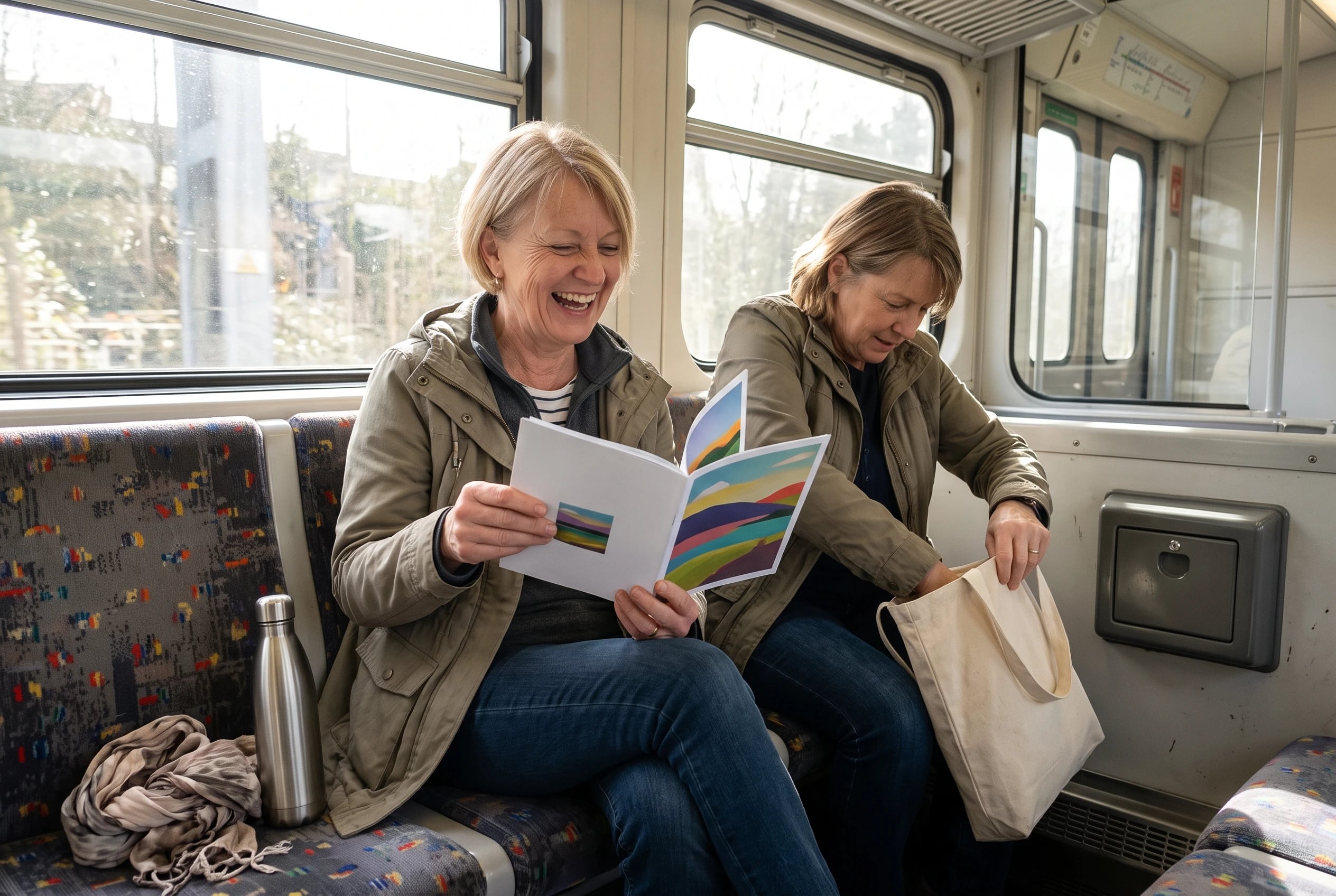 An older woman opens Travel + Leisure on a train seat beside the window.