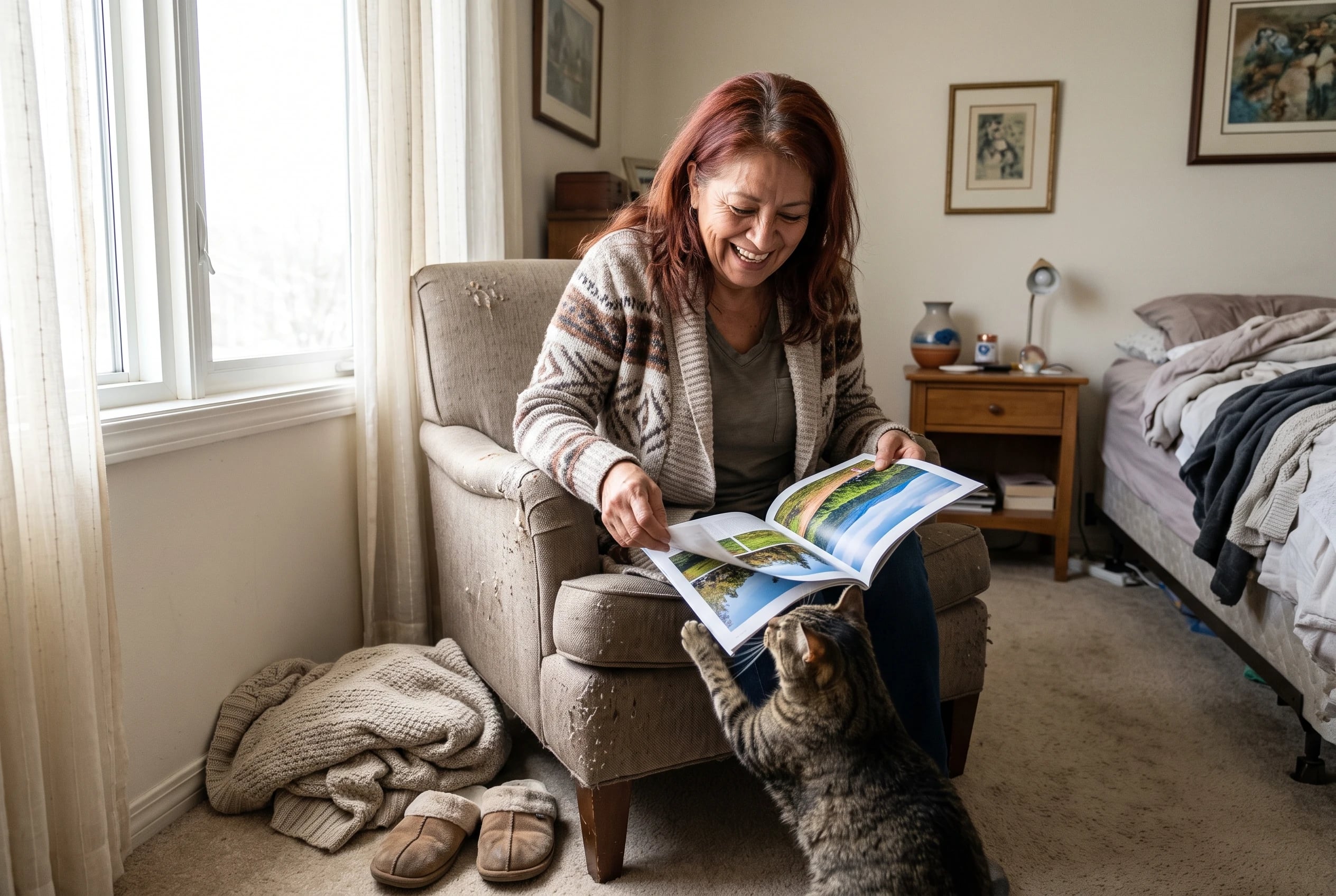 An older woman reads a Prevention magazine in an armchair beside her bedroom window.