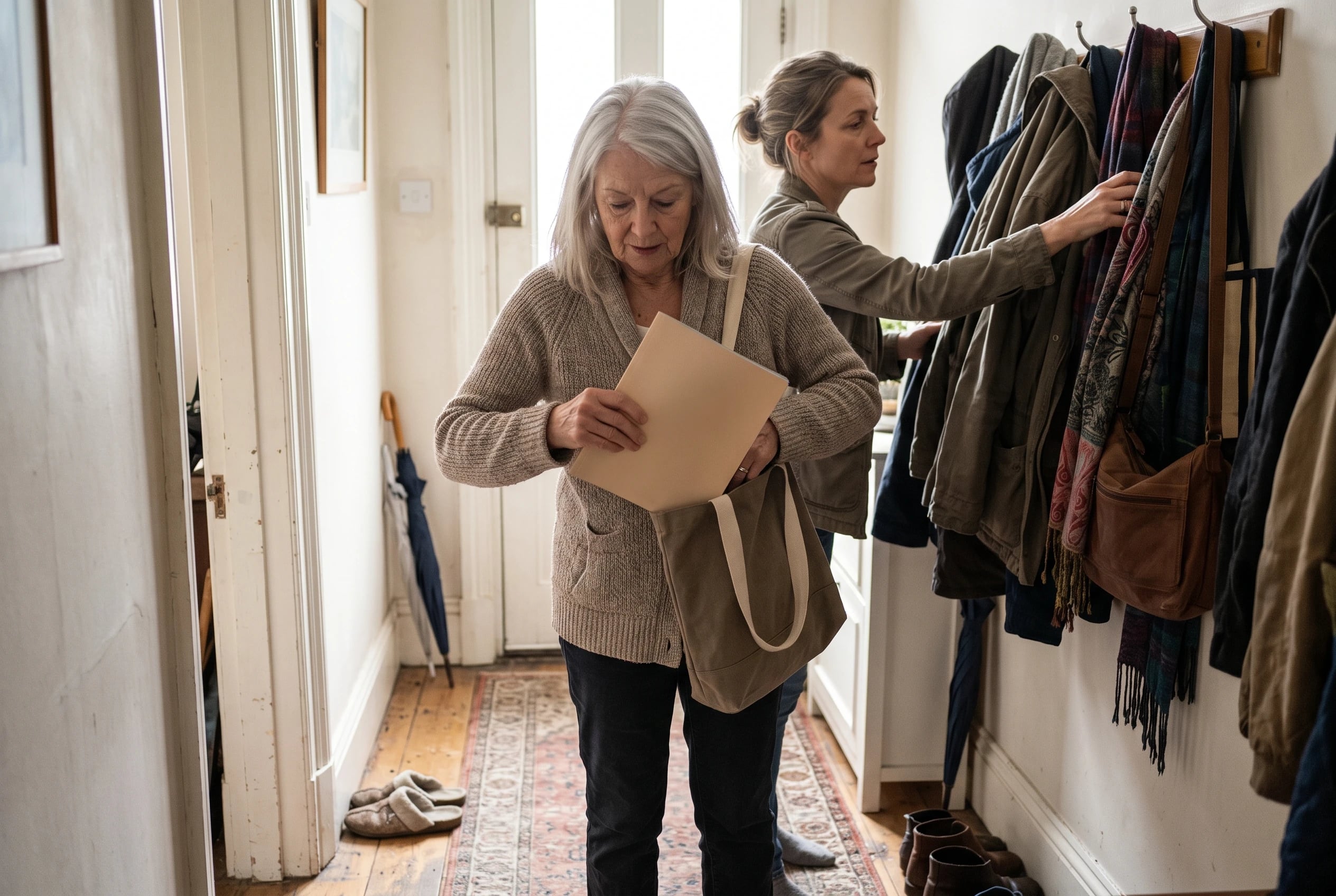 An older woman slips a Reader's Digest issue into her tote bag by the hallway coat rack.